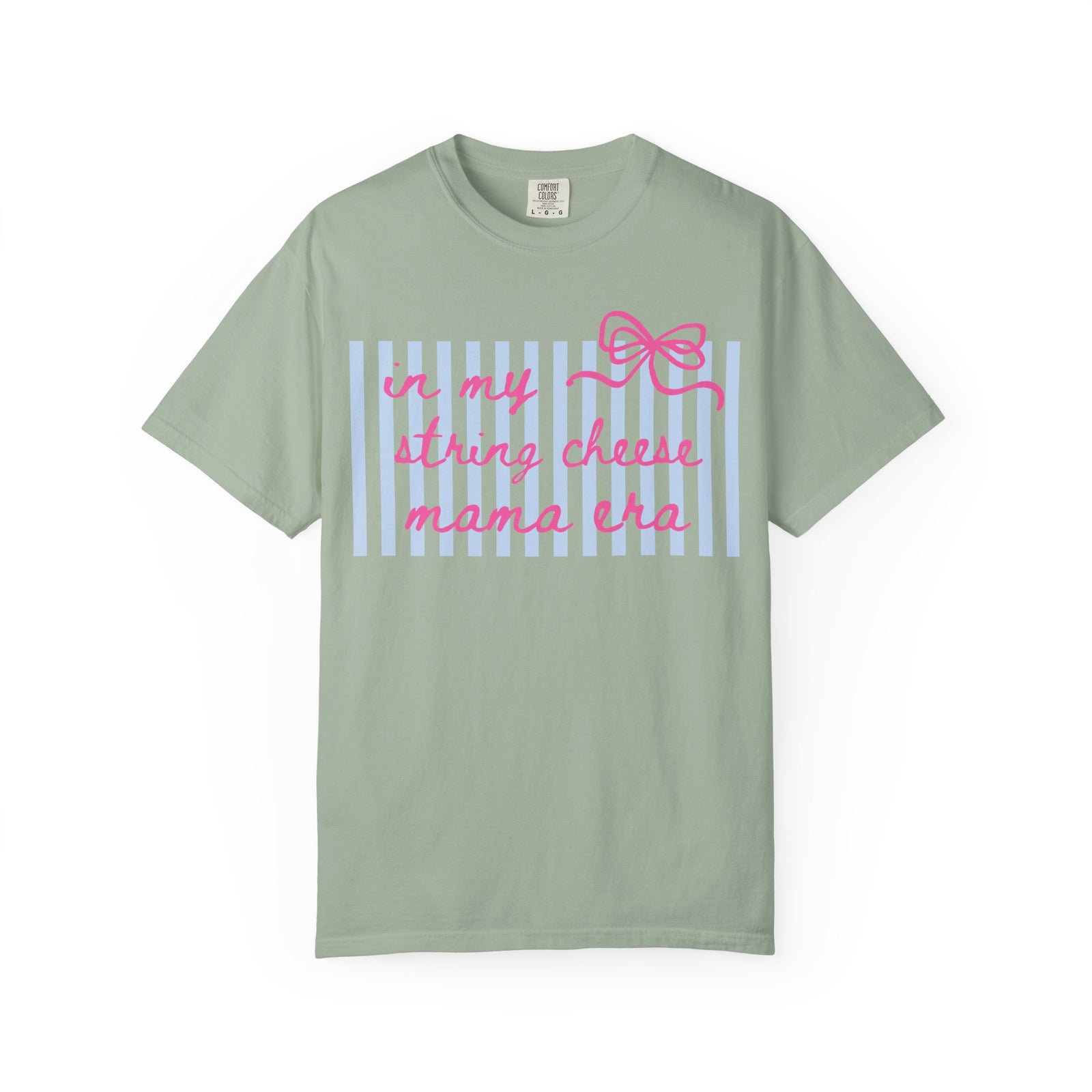 In My String Cheese Mama Era T-Shirt Cute Pink Bow & Blue Stripe Graphic Tee