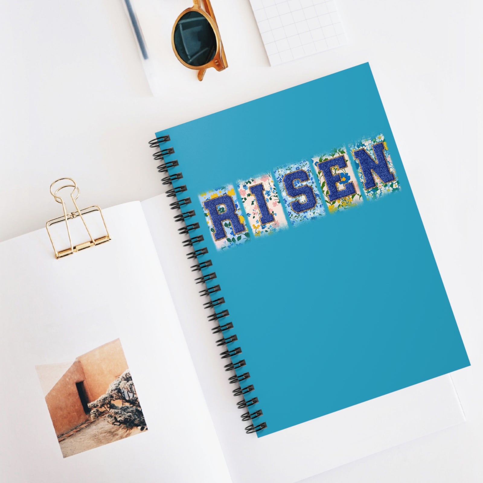 Risen Floral Faux Patch Ruled Spiral Notebook Inspirational Christian Journal