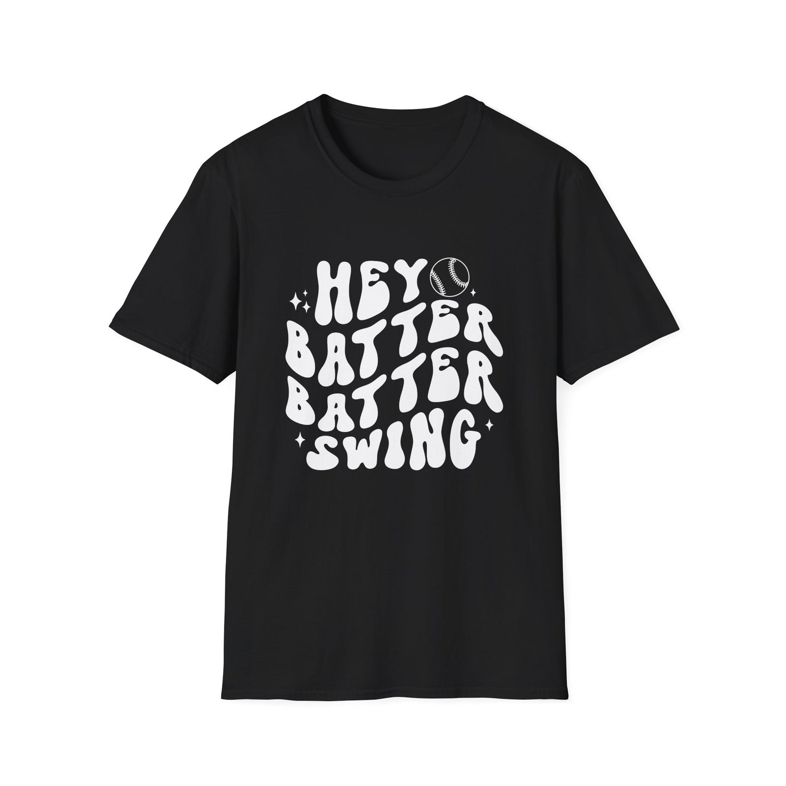 Hey Batter Batter Swing Baseball or Softball Retro Font Graphic T-Shirt Sports Tee (12 Team Colors)