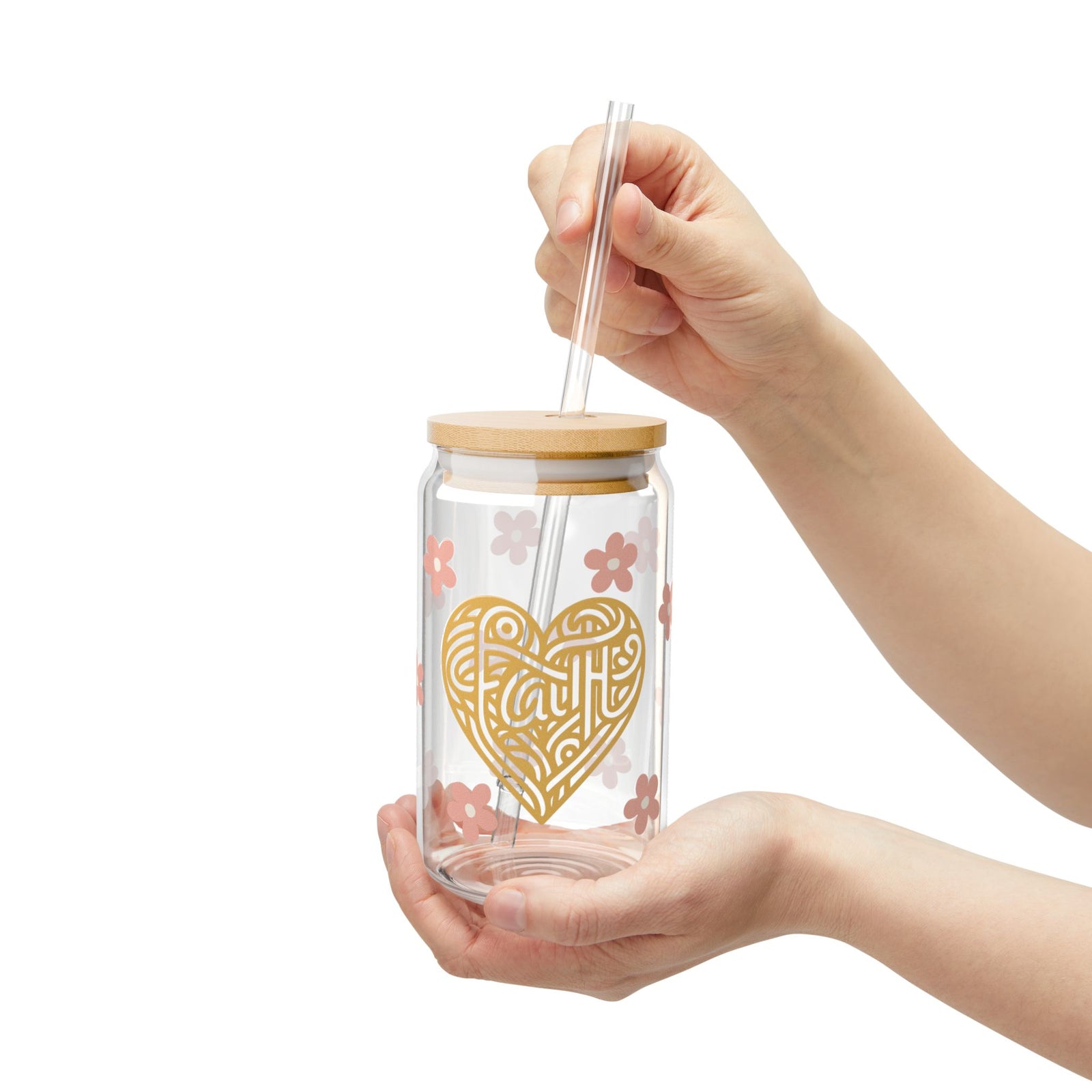 Faith Heart Floral Tumbler Sipper Glass 16oz — Reusable Drink Jar with Lid & Straw