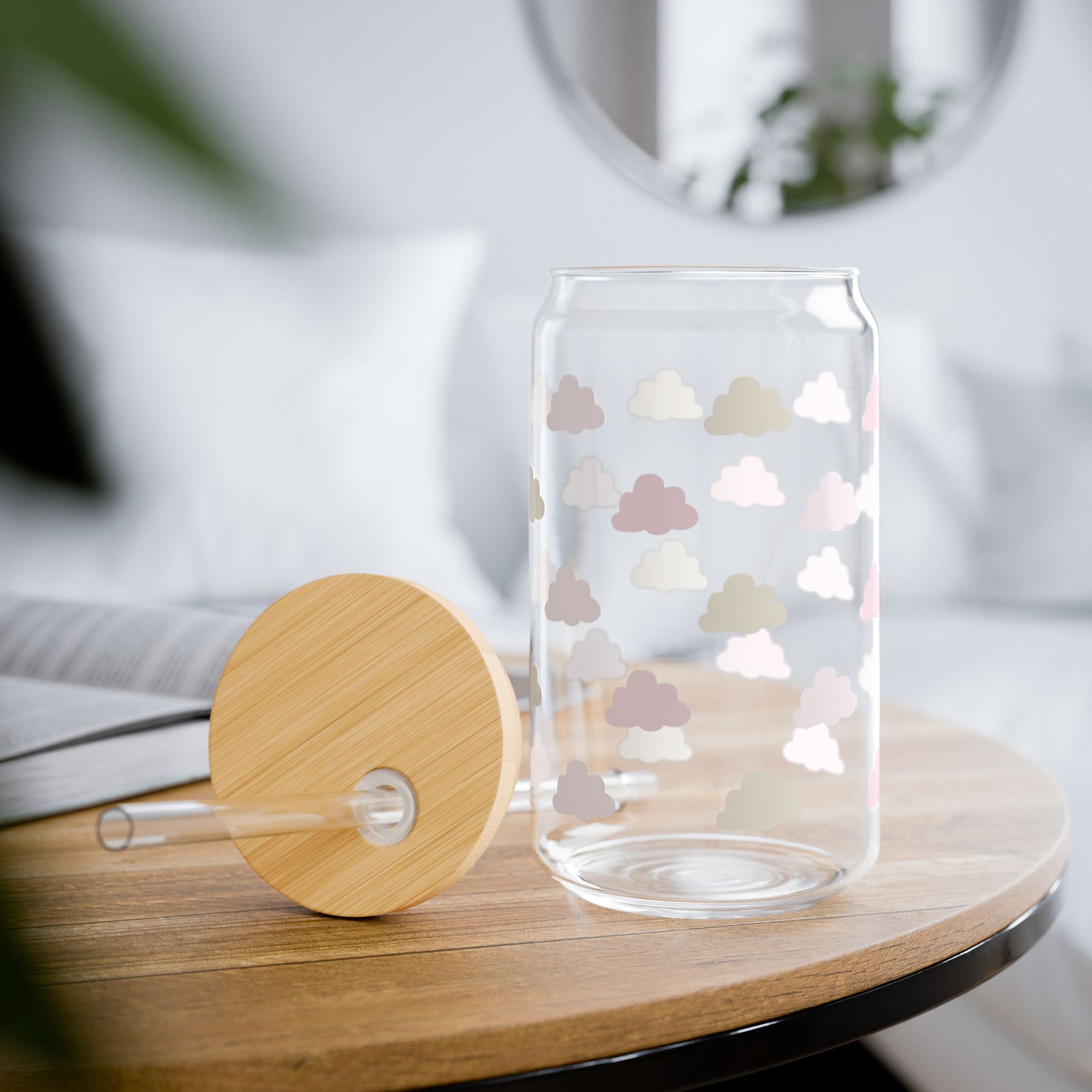 Mini Clouds Tumbler Sipper Glass 16oz — Reusable Drink Jar with Lid & Straw