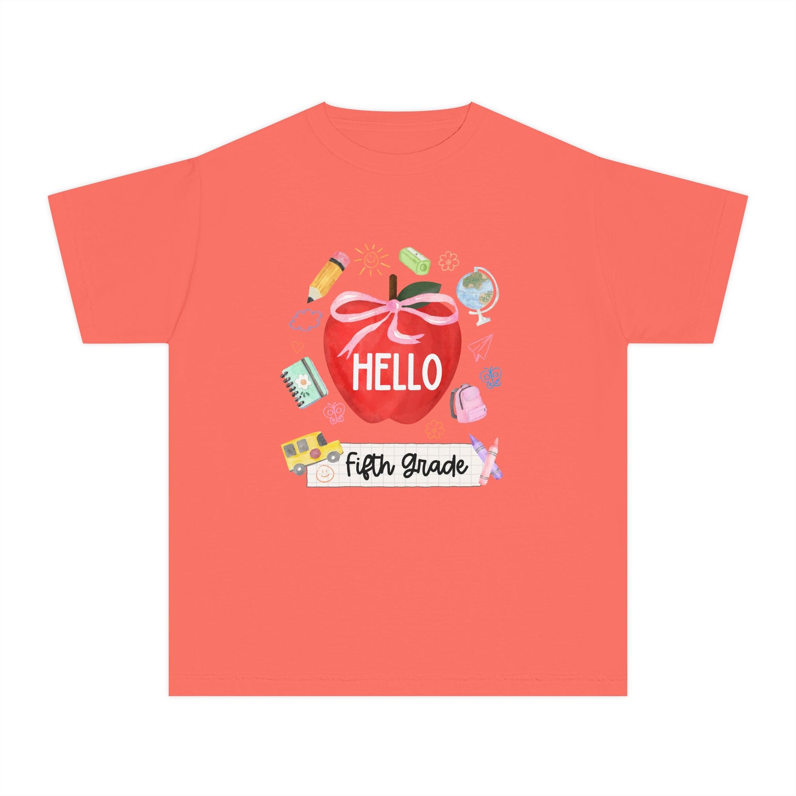 Hello Fifth Grade Preppy Coquette Apple Graphic Tee Back to School 5th Grade T-Shirt