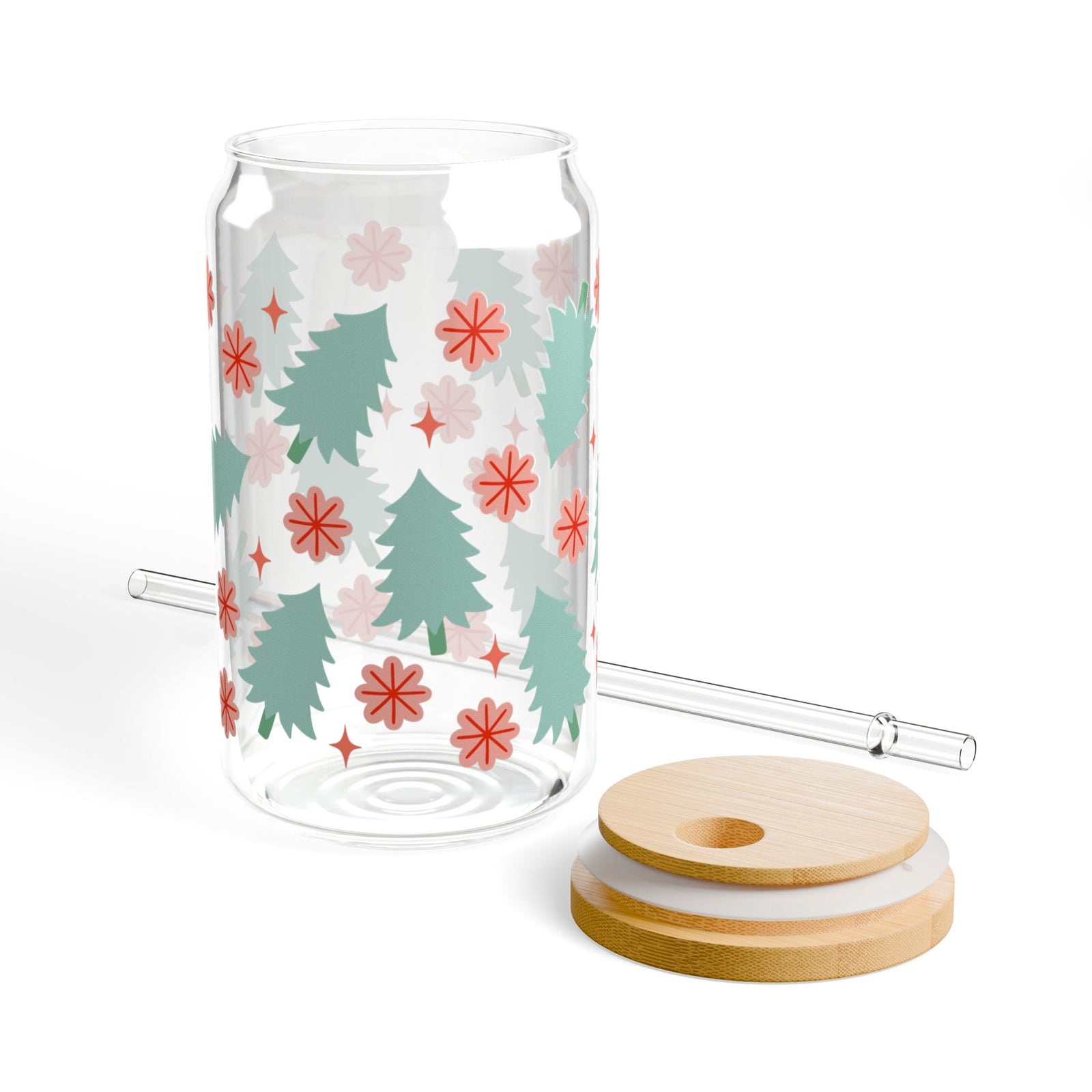Holly Jolly Christmas Holiday 16 oz reusable glass drink jar with lid and straw