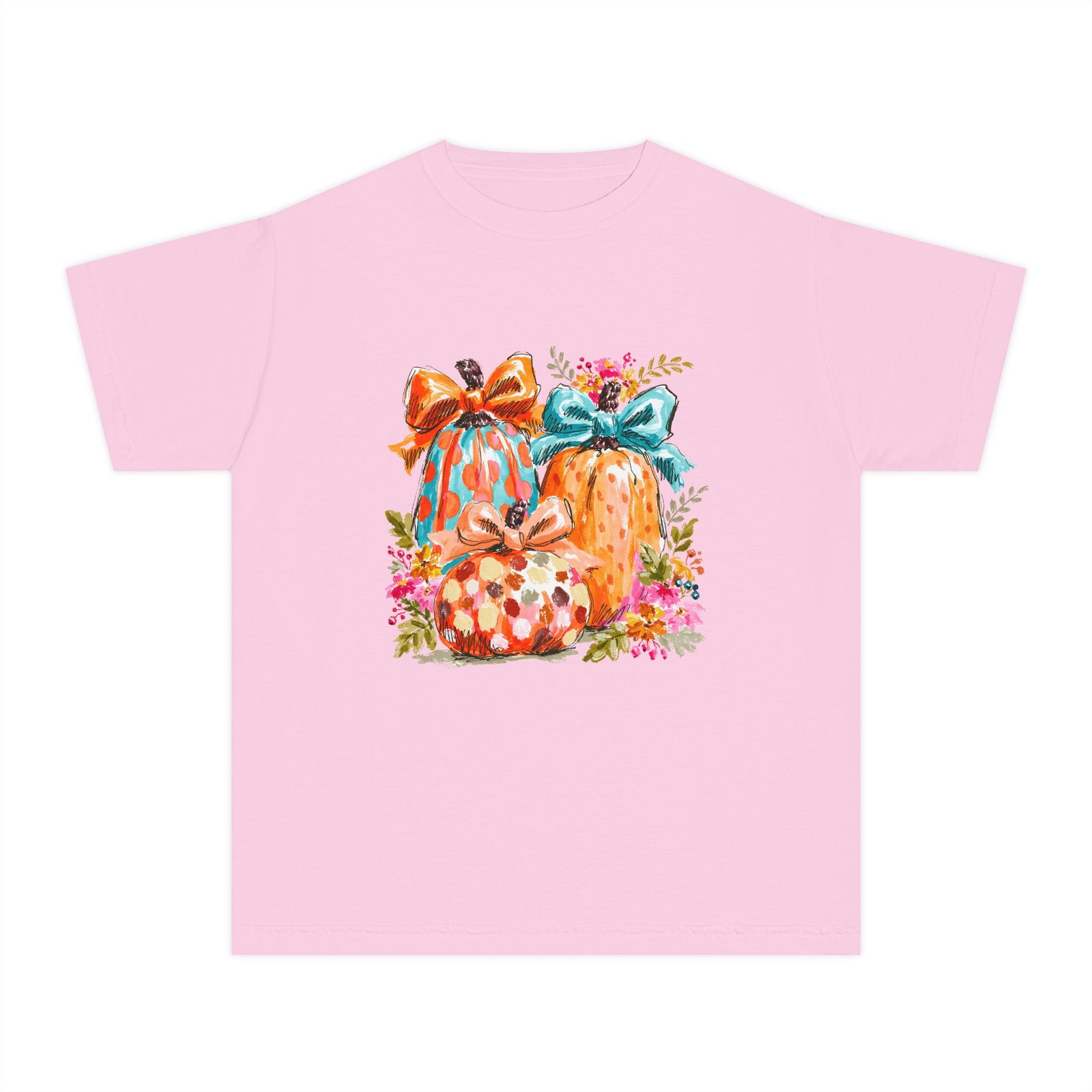 Floral Preppy Coquette Fall Pumpkin T-Shirt Cute Watercolor Kids Graphic Tee