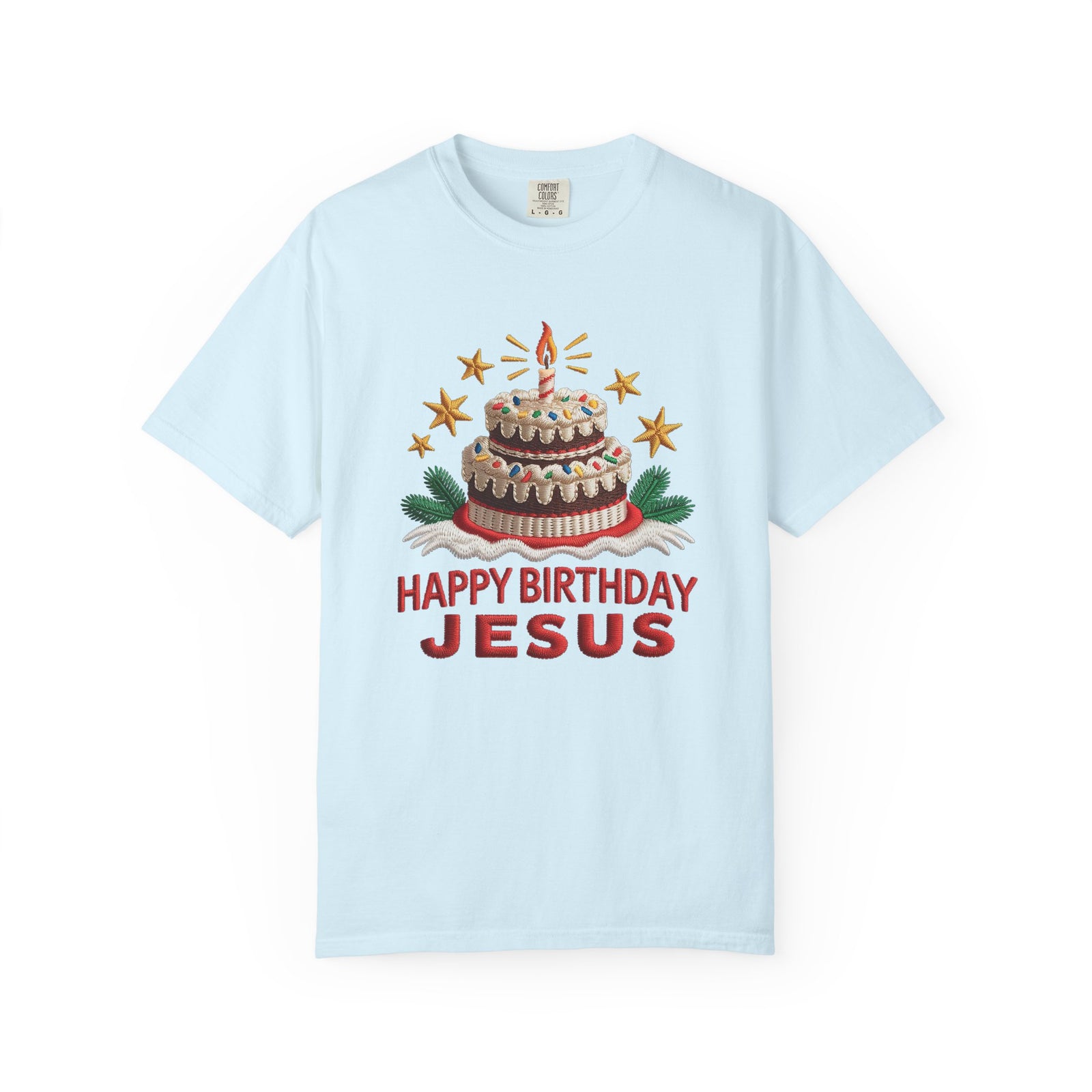 Happy Birthday Jesus Birthday Cake Faux Embroidery Tee Christmas Graphic T-Shirt
