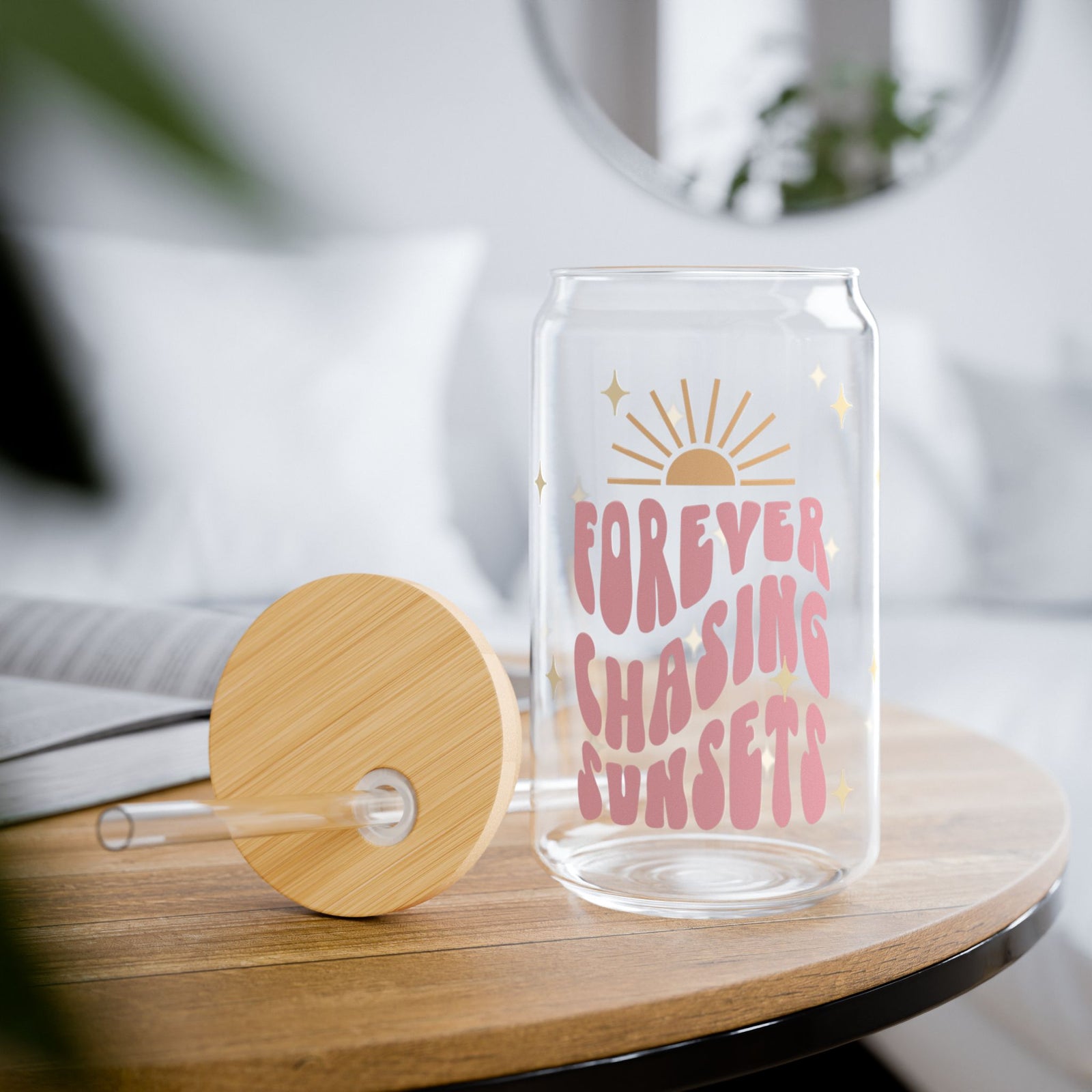 Forever Chasing Sunsets Tumbler Sipper Glass 16oz — Reusable Drink Jar with Lid & Straw