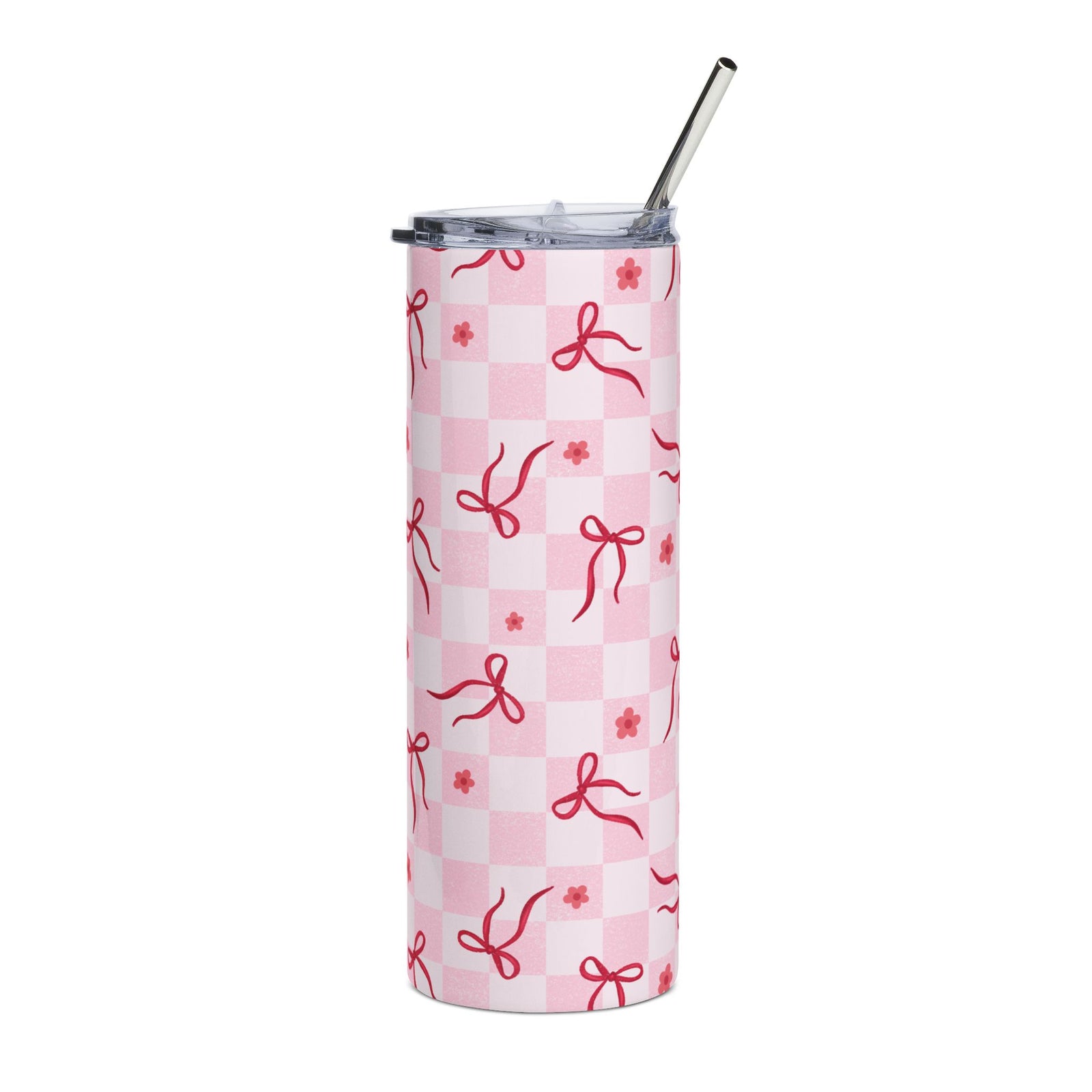 Pink Bow Checkered 20oz Stainless Steel Tumbler Travel Cup Water Bottle