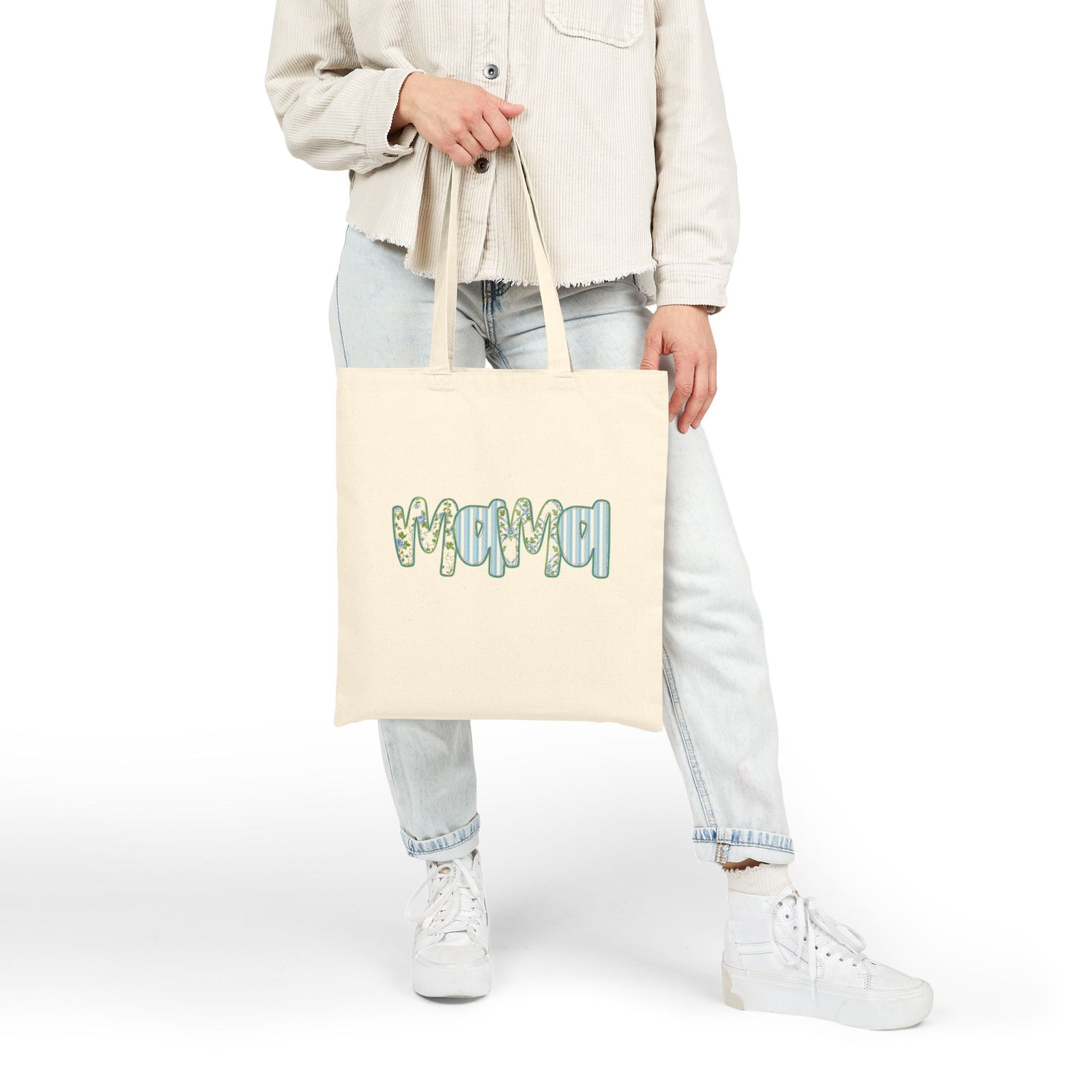 Preppy Blue Mama Floral Cotton Canvas Tote Bag