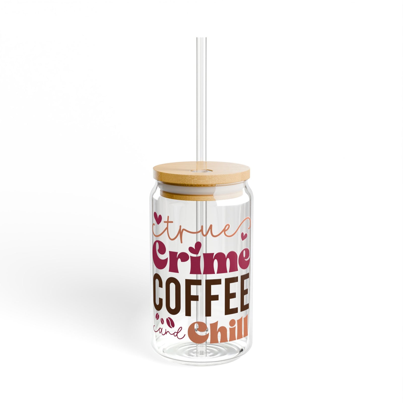 True Crime Coffee and Chill 16 oz reusable glass drink jar with lid and straw