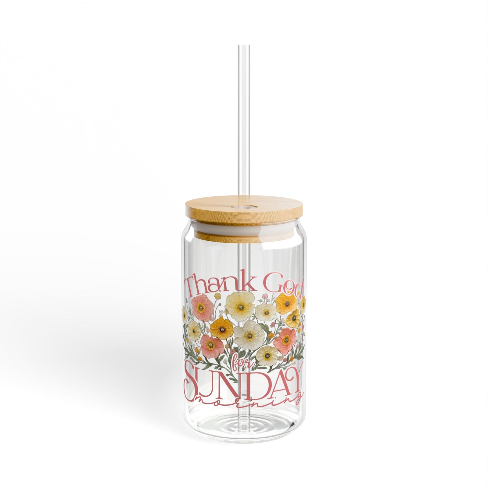 Thank God For Sunday Morning Christian Sipper Glass 16oz Reusable Drink Jar with Lid & Straw