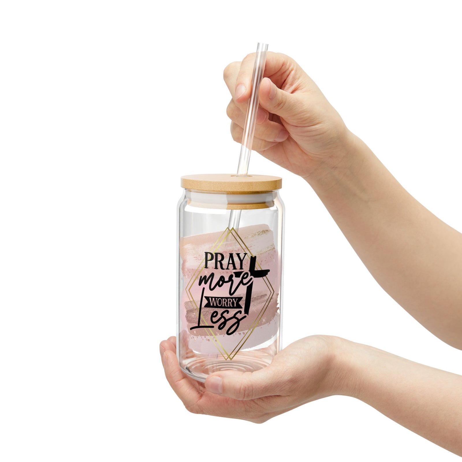 Pray More Worry Less Christian Tumbler Sipper Glass 16oz — Reusable Drink Jar with Lid & Straw - Sydney So Sweet