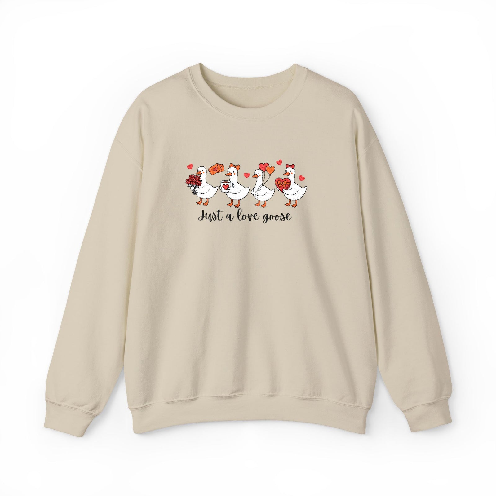 Just a Love Goose Valentine's Day Women's Heavy Blend Cozy Crewneck Embroidered Sweatshirt - Sydney So Sweet