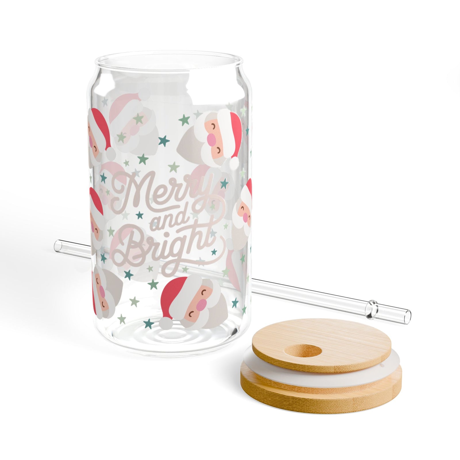 Merry & Bright Starry Santa Christmas 16 oz reusable glass drink jar with lid and straw
