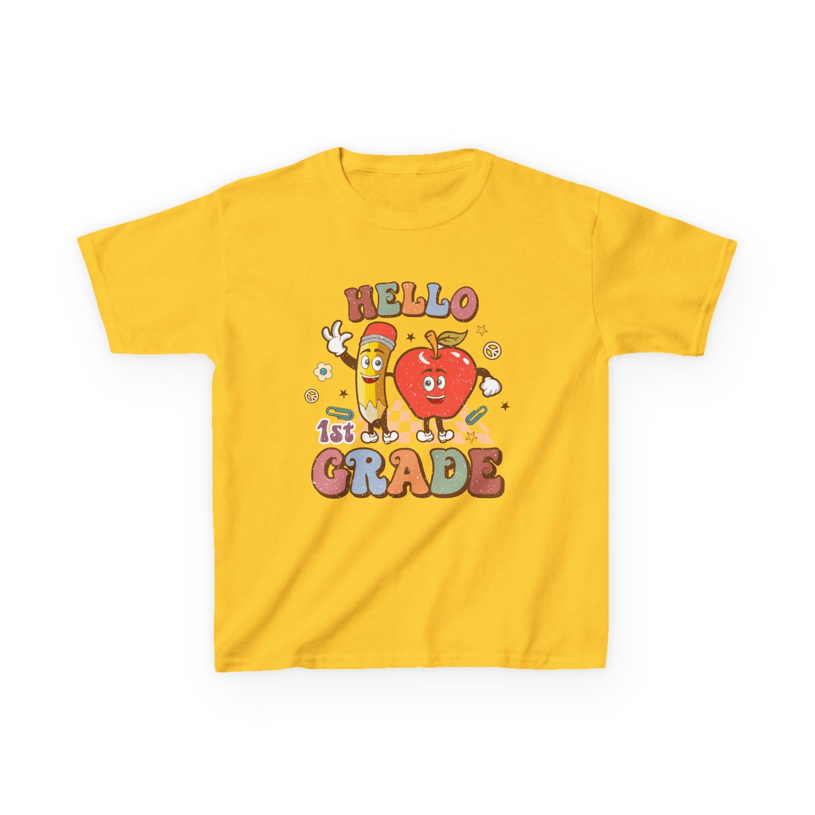 Hello 1st Grade Cute Apple & Pencil Graphic Tee Back-to-School First Grade Kids T-Shirt