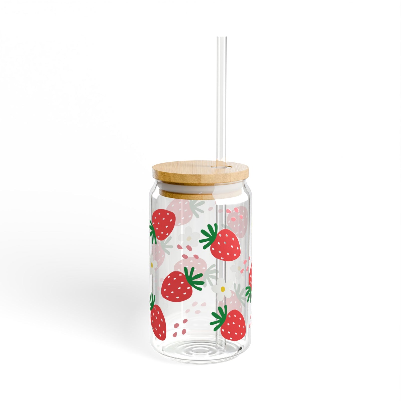 Strawberries Tumbler Sipper Glass 16oz — Reusable Drink Jar with Lid & Straw