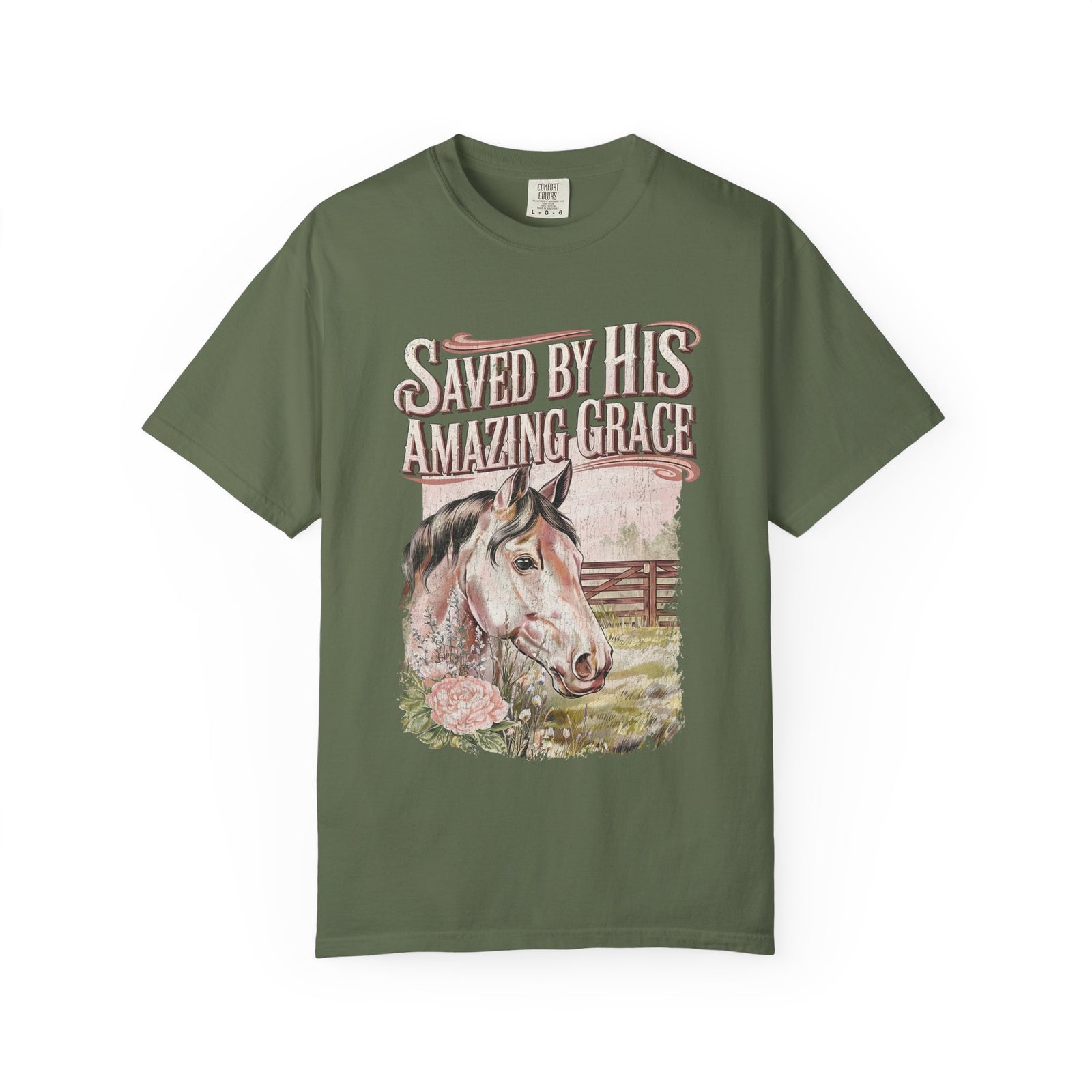 Saved By His Amazing Grace Horse Christian Tee Distressed Graphic T-Shirt