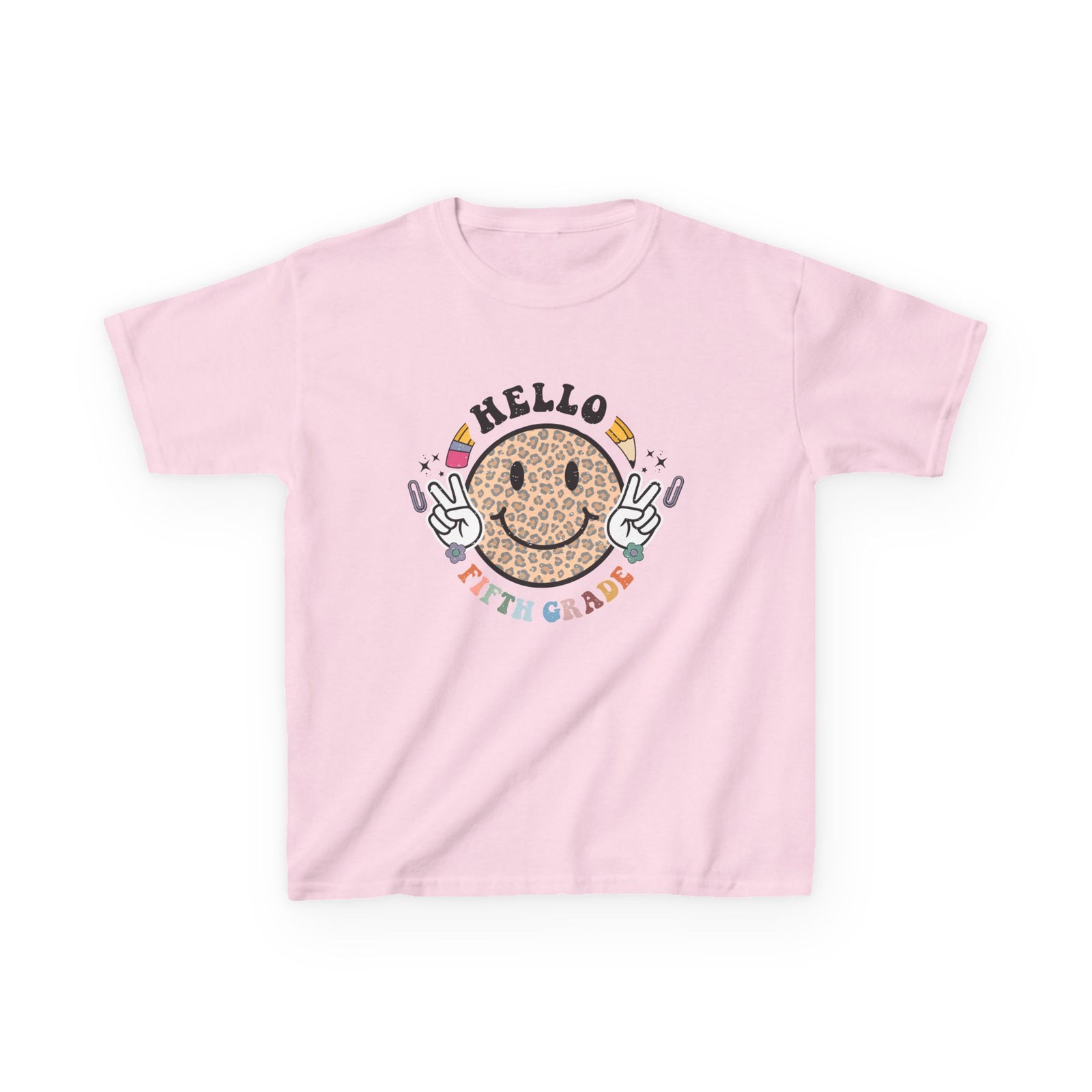 Fifth Grade Cheetah Smiley Face Graphic Tee Back-to-School 5th Grade Kids T-Shirt