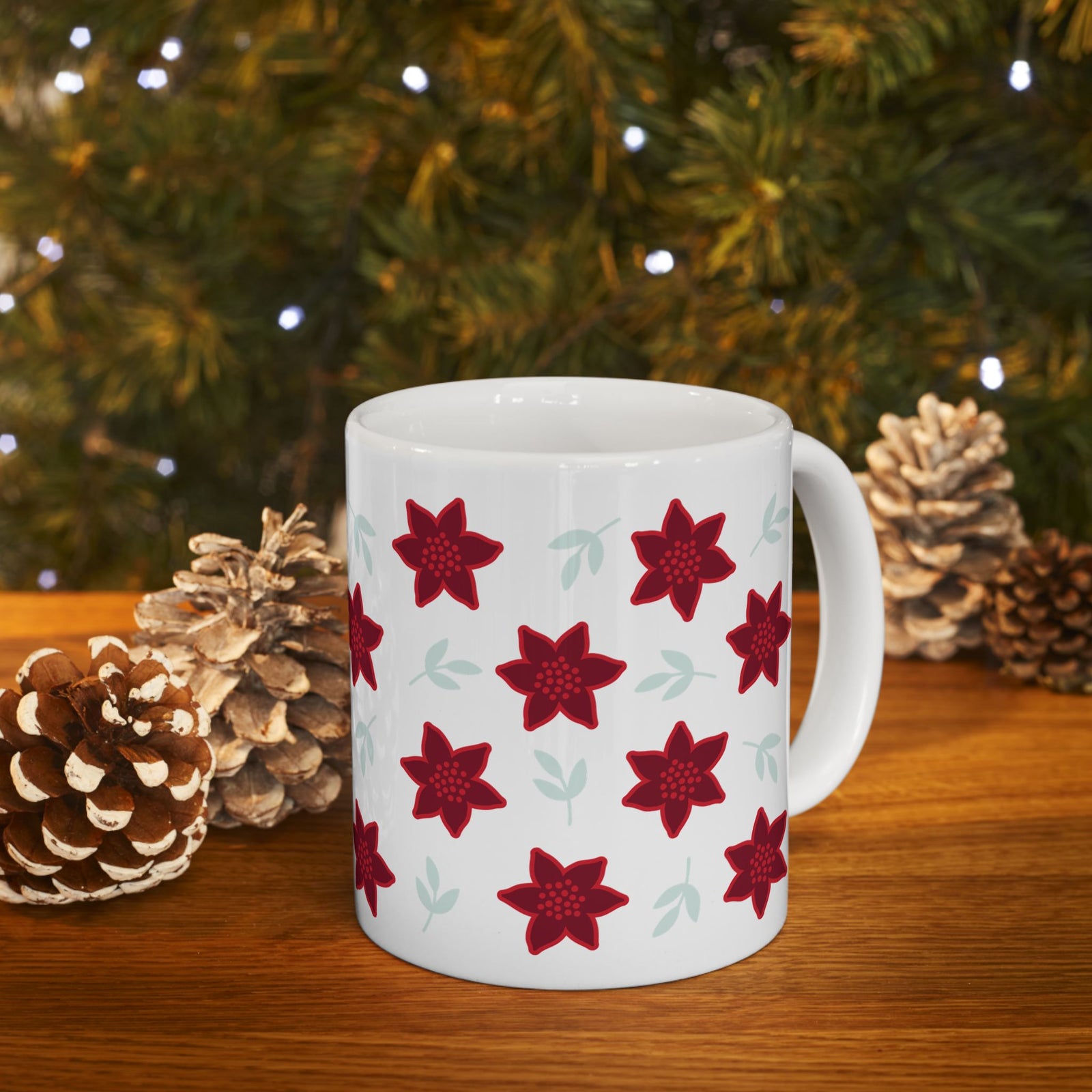 Poinsettia Christmas Flowers Ceramic Mug Coffee Cup (11oz & 15oz)