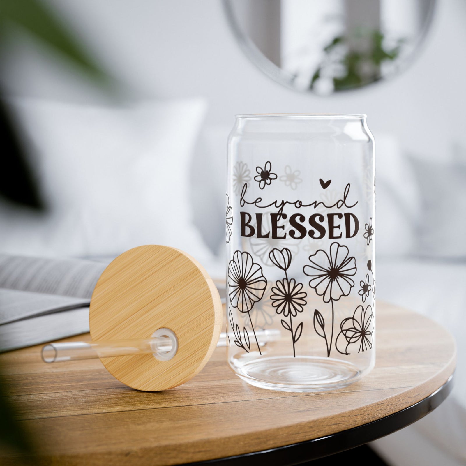 Beyond Blessed Tumbler Sipper Glass 16oz — Reusable Drink Jar with Lid & Straw