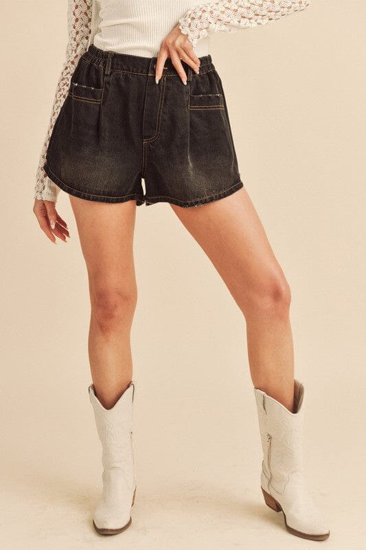 Aemi + Co Frayed Hem Elastic Waist Denim Shorts - Sydney So Sweet