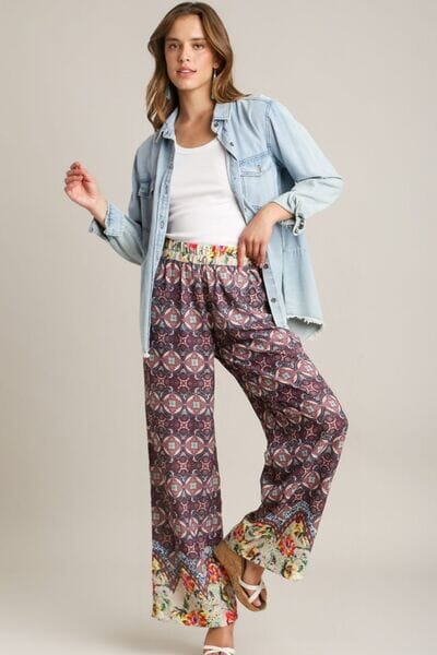 Umgee Full Size Mixed Print Elastic Waistband Pants Plus Size - Sydney So Sweet