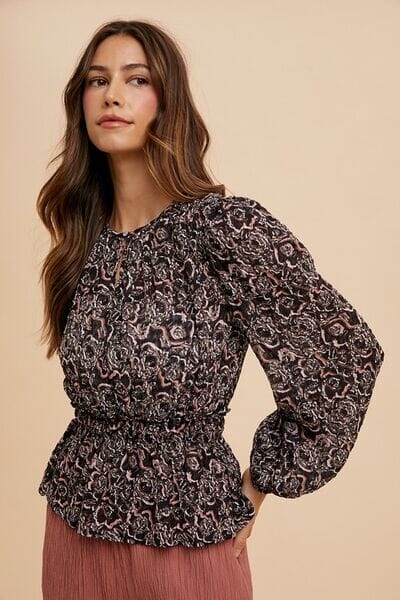 Annie Wear Abstract Print Balloon Sleeve Peplum Blouse - Sydney So Sweet