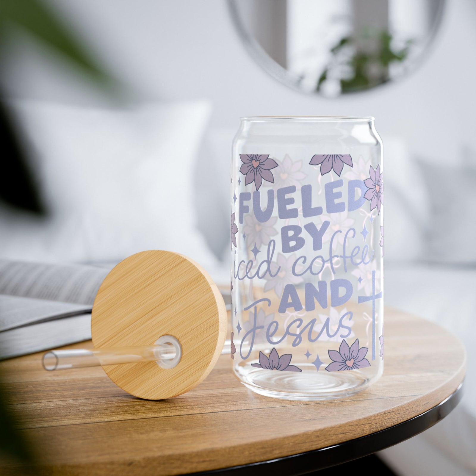 Fueled by Iced Coffee and Jesus Tumbler Sipper Glass 16oz — Reusable Drink Jar with Lid & Straw