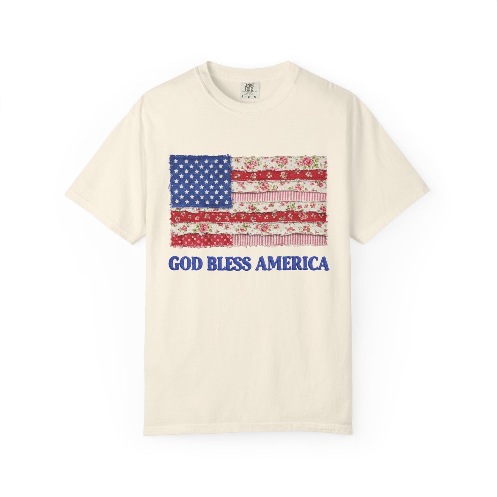 God Bless America Faux Fabric Flag T-Shirt Patriotic Graphic Tee