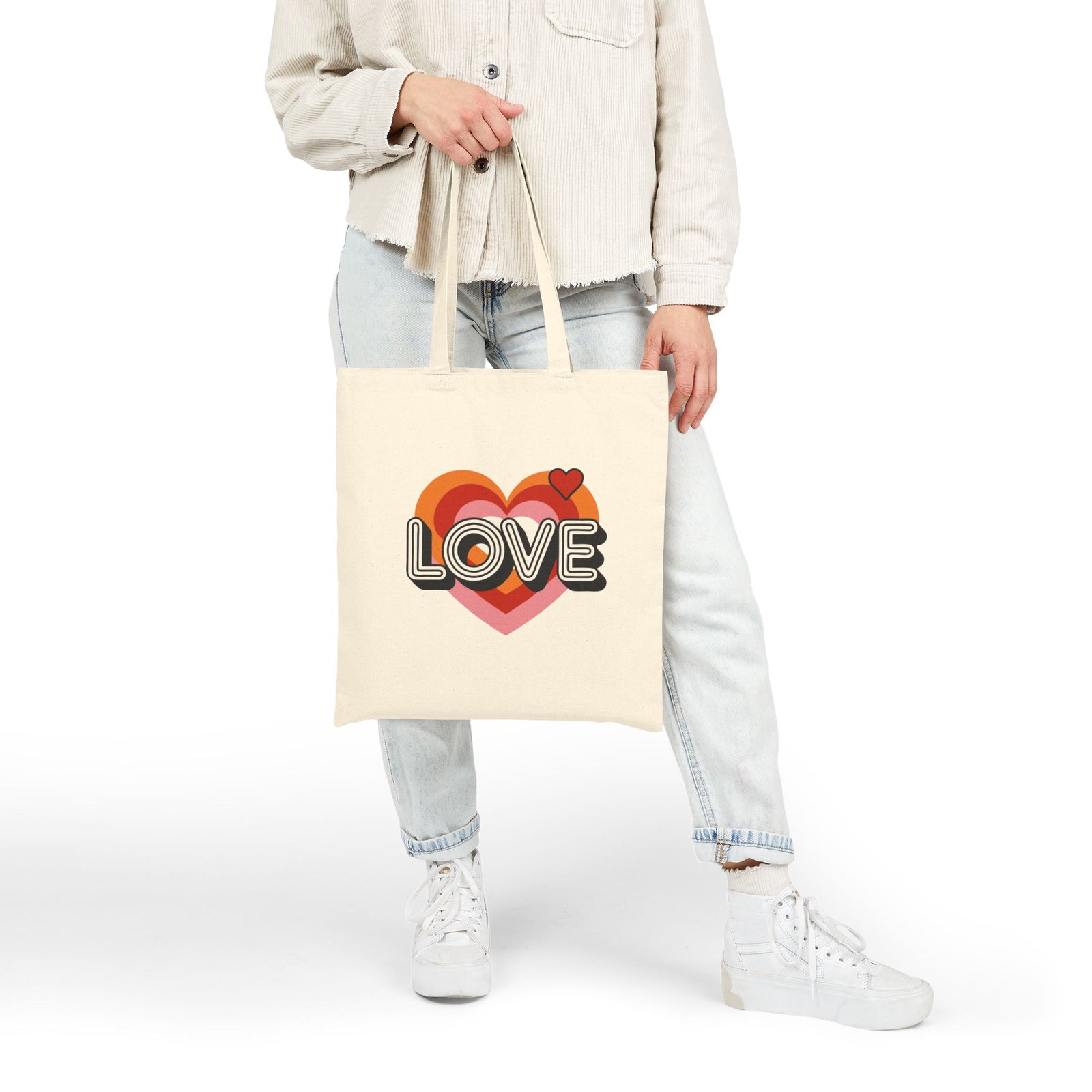 Love Heart Retro 70s Vintage Love Shopper Cotton Canvas Tote Bag