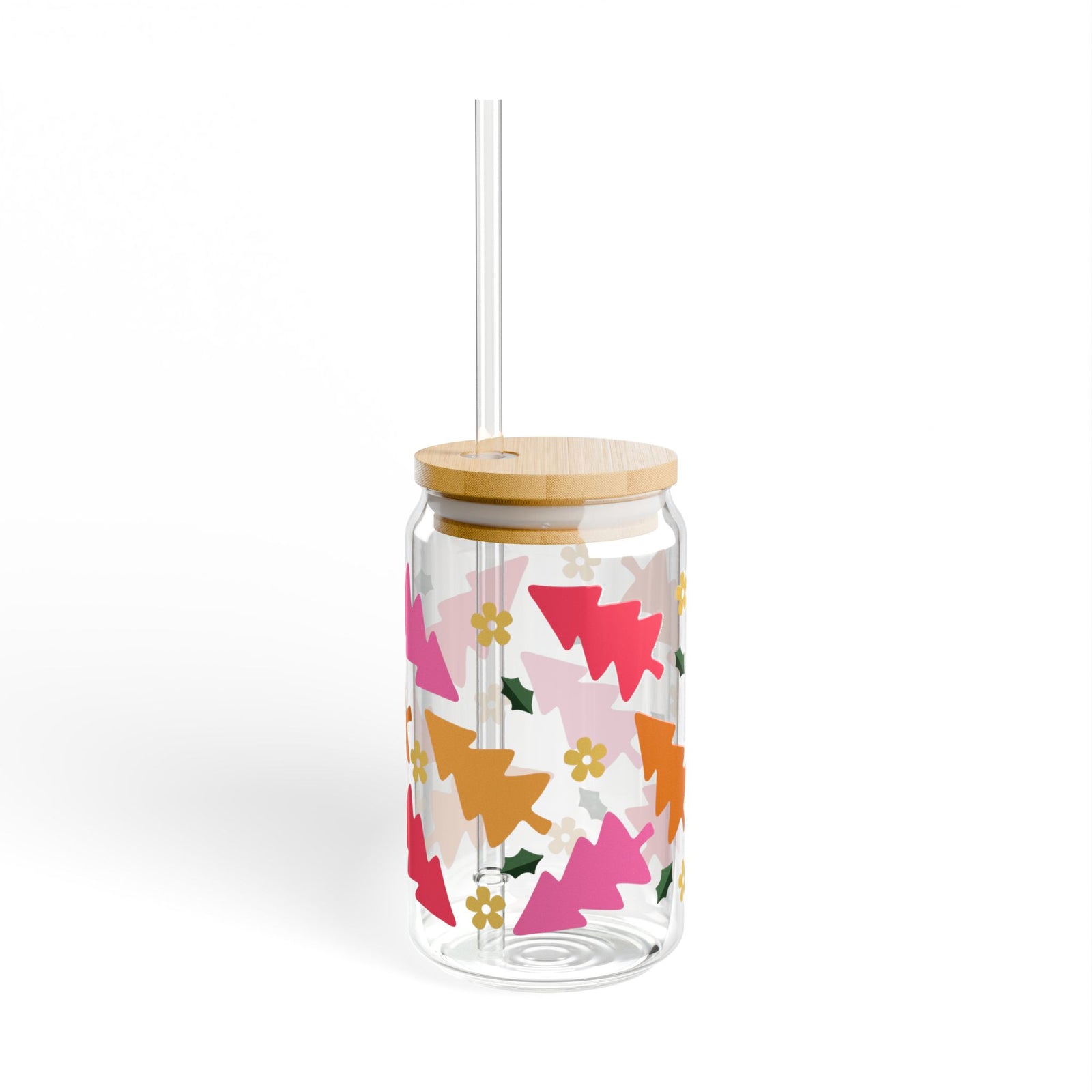 Groovy Christmas Holiday 16 oz reusable glass drink jar with lid and straw