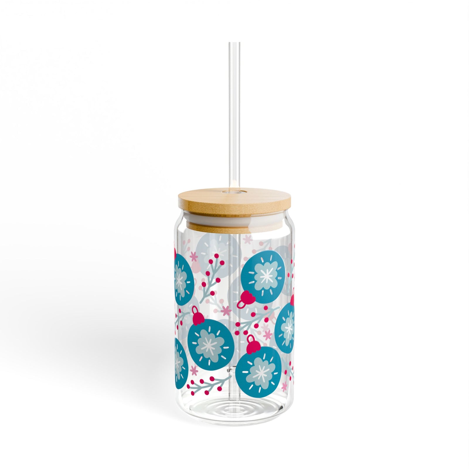 Opulent Ornaments Christmas 16 oz reusable glass drink jar with lid and straw