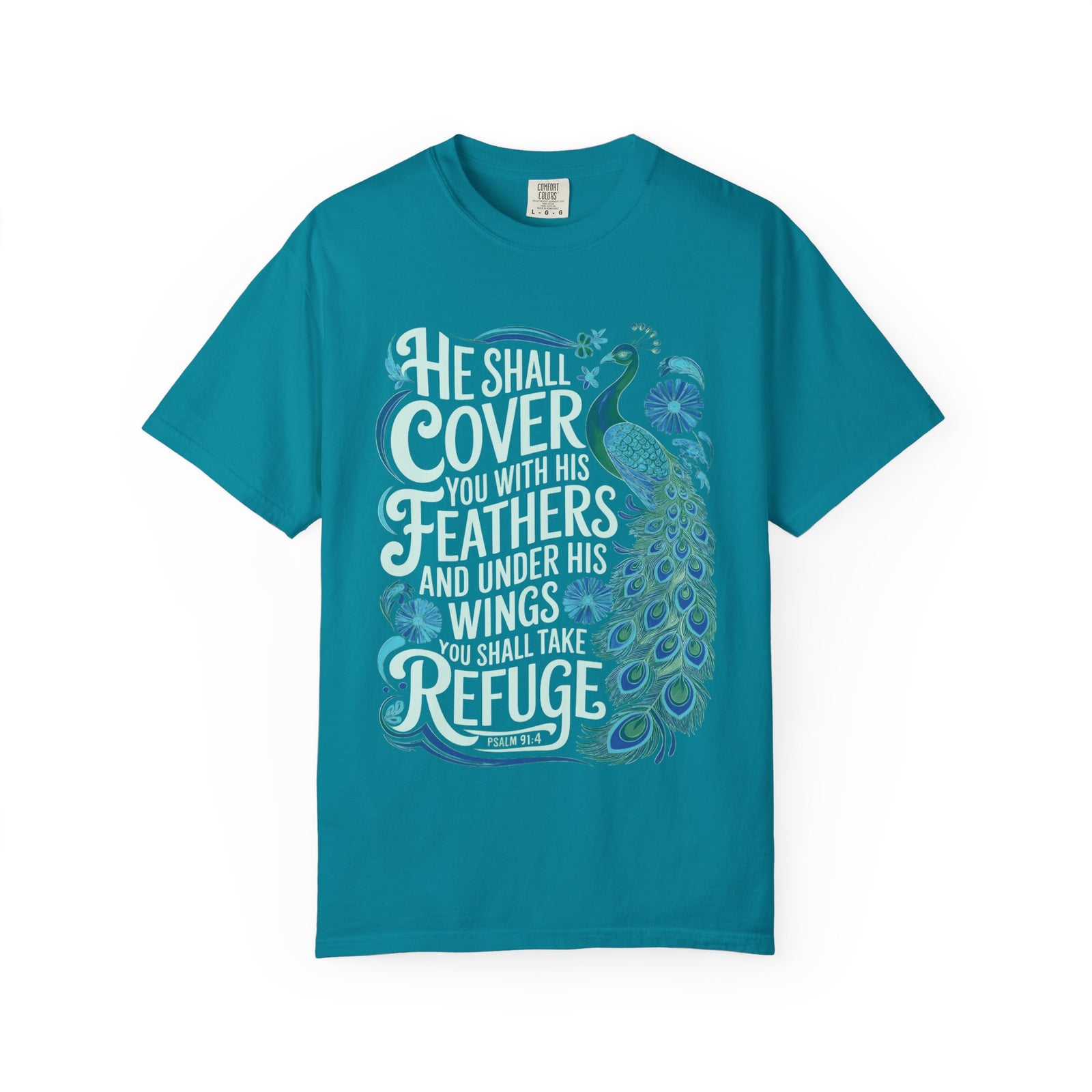 He Shall Cover Feathers T-Shirt Christian Scripture Peacock Refuge Tee