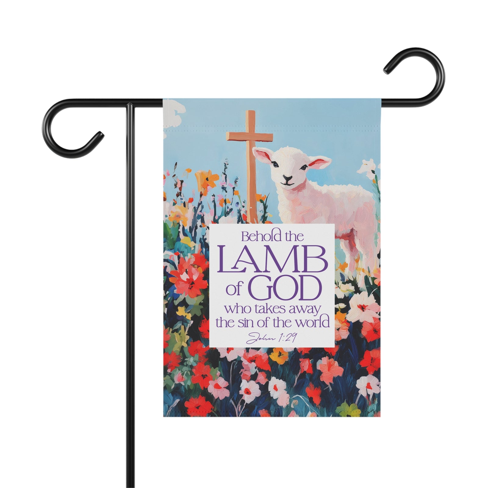 Behold the Lamb of God Garden Flag Easter Floral Lamb Bible Verse Banner
