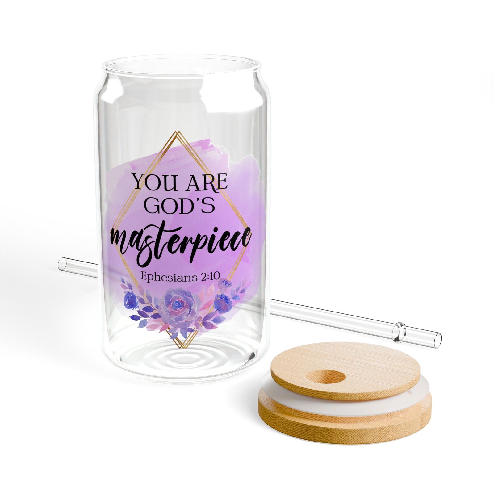 You Are God’s Masterpiece Ephesians 2:10 Christian Tumbler Sipper Glass 16oz — Reusable Drink Jar with Lid & Straw - Sydney So Sweet
