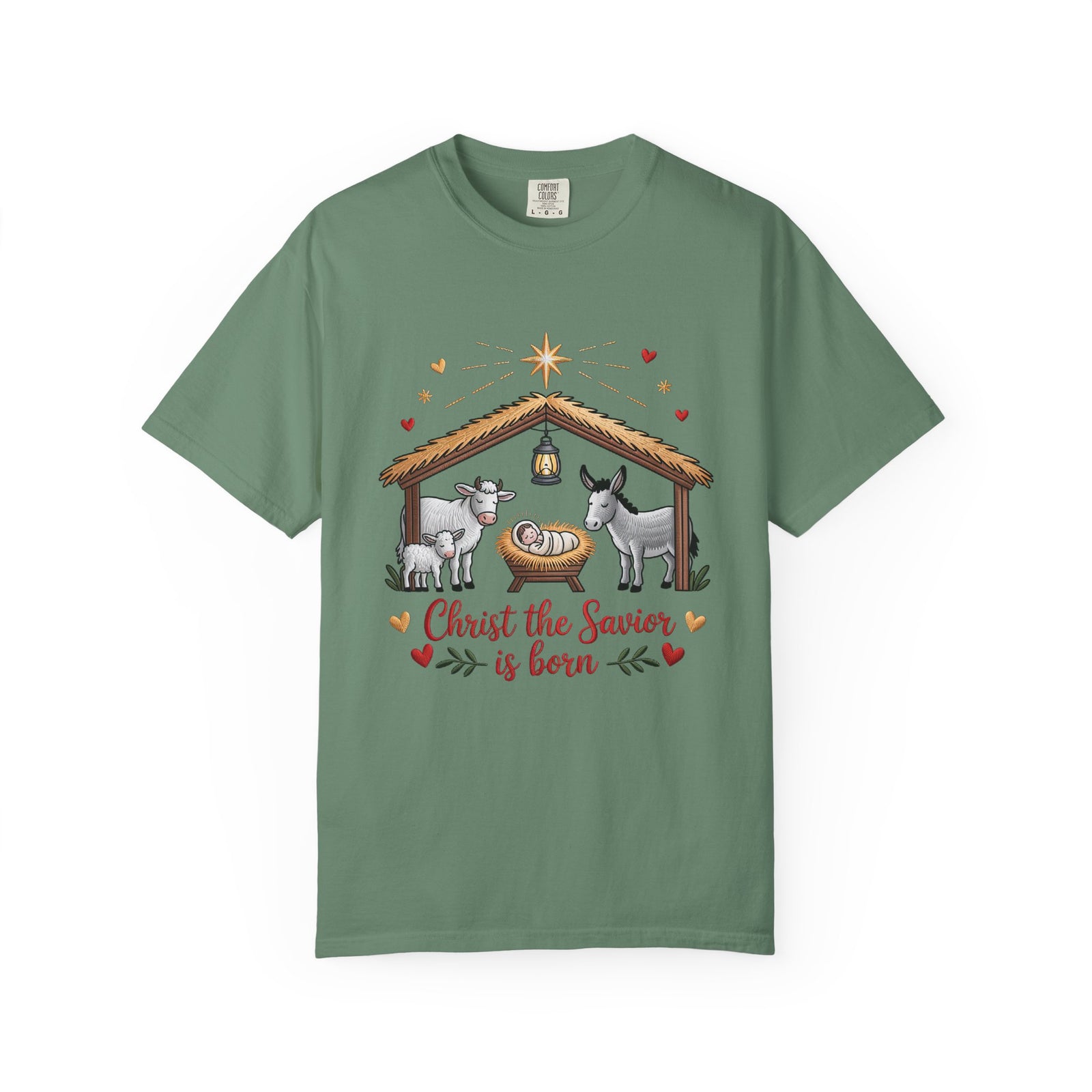 Christ the Savior is Born Faux Embroidery T-Shirt Nativity Scene Graphic Tee