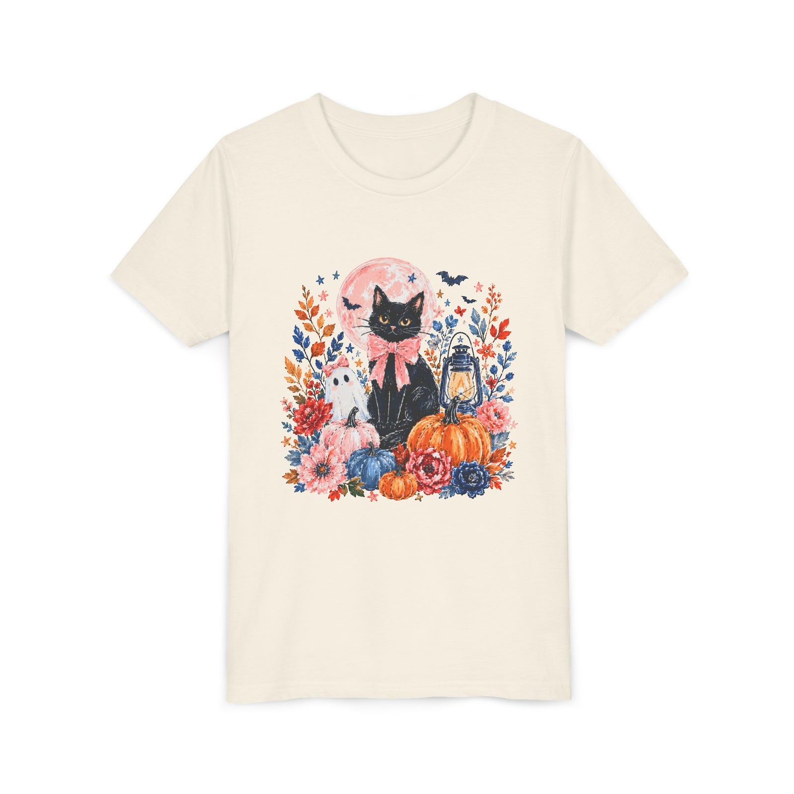Girly Black Cat Halloween T-Shirt Cute Pumpkin & Lantern Fall Kids Graphic Tee