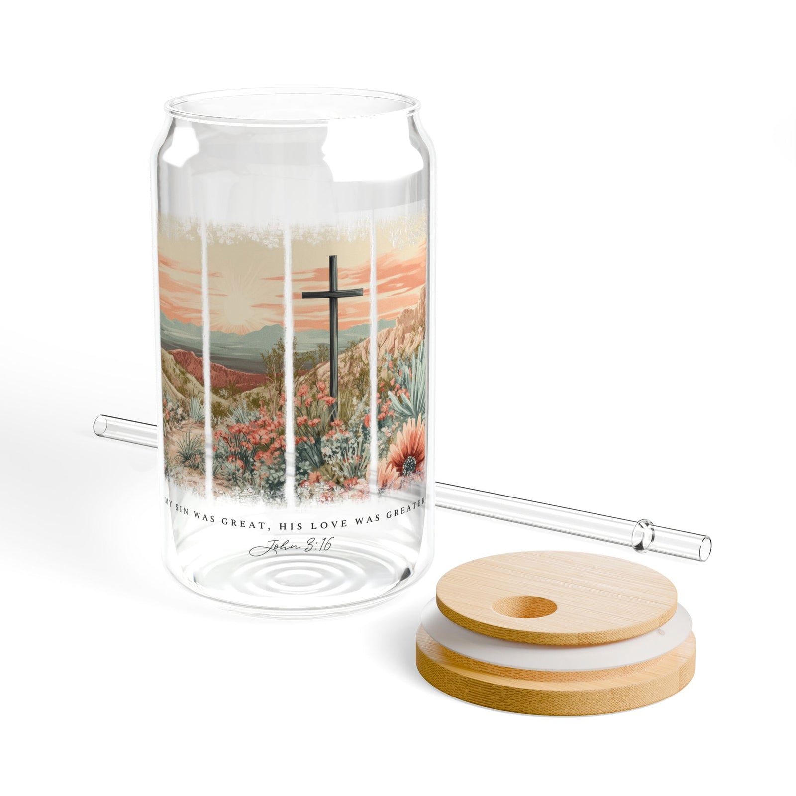 My Sin Was Great John 3:16 Christian Sipper Glass 16oz Reusable Drink Jar with Lid & Straw