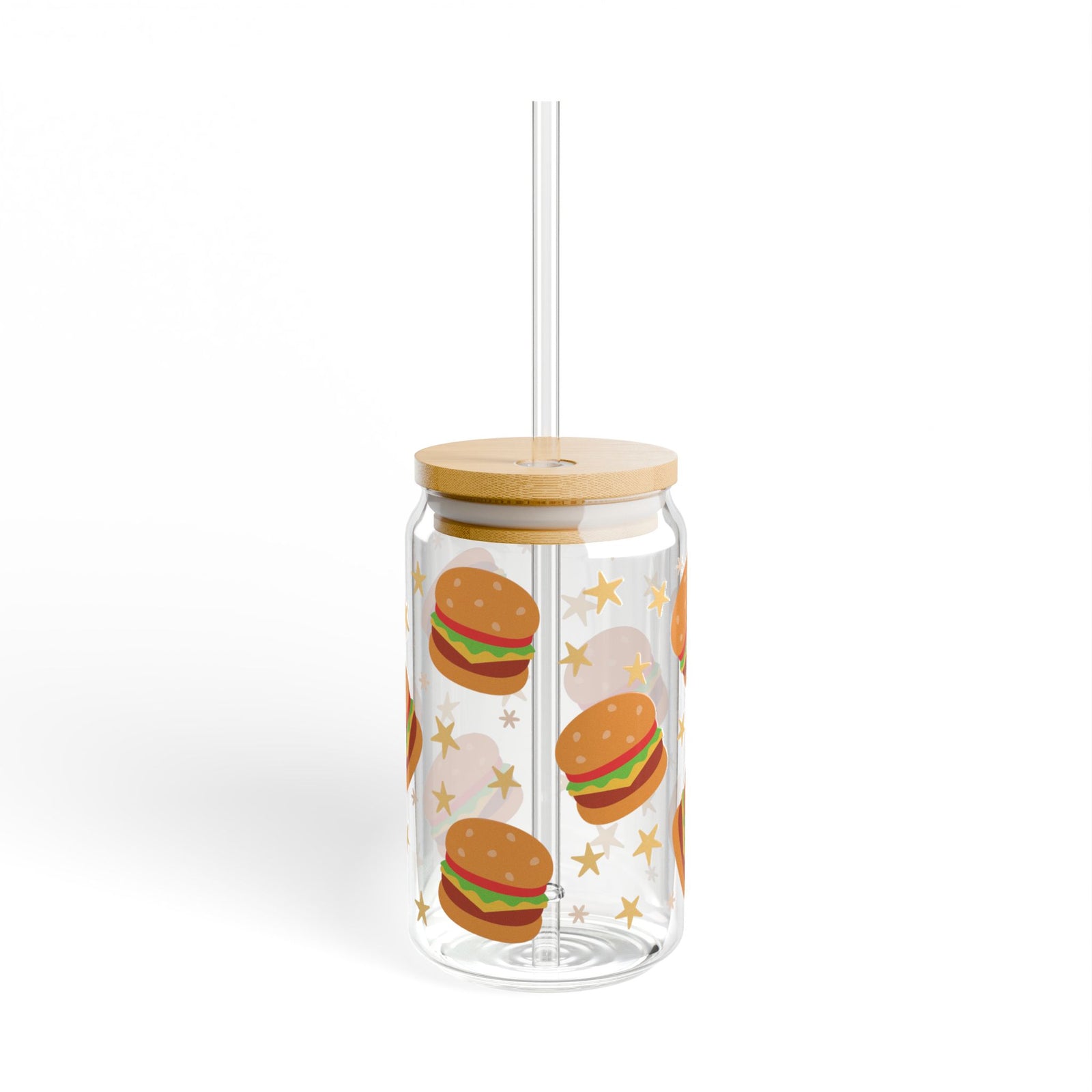 Burgers Tumbler Sipper Glass 16oz — Reusable Drink Jar with Lid & Straw