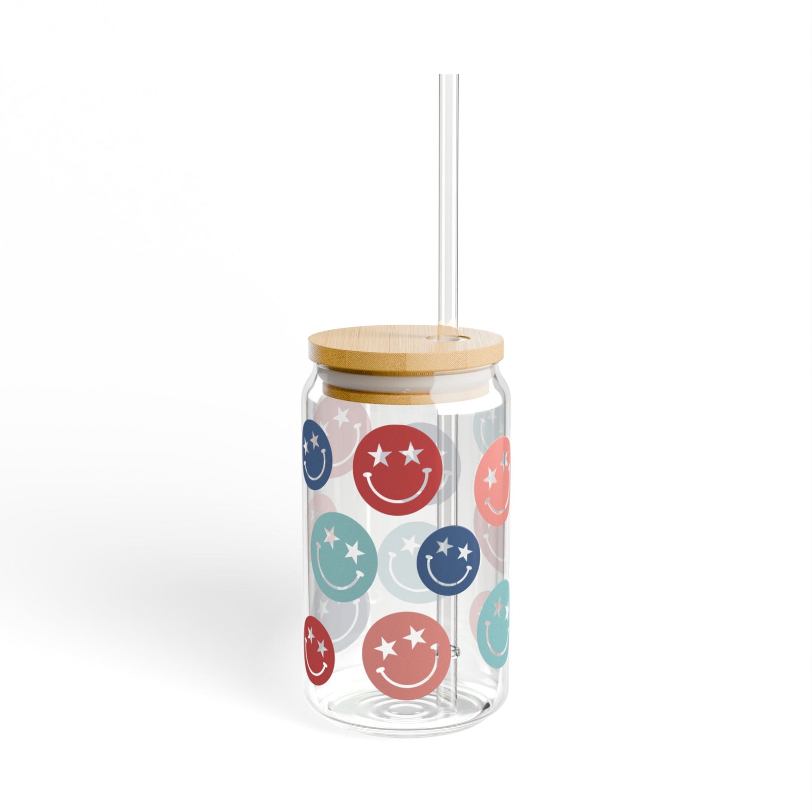 Star Smiley Tumbler Sipper Glass 16oz — Reusable Drink Jar with Lid & Straw