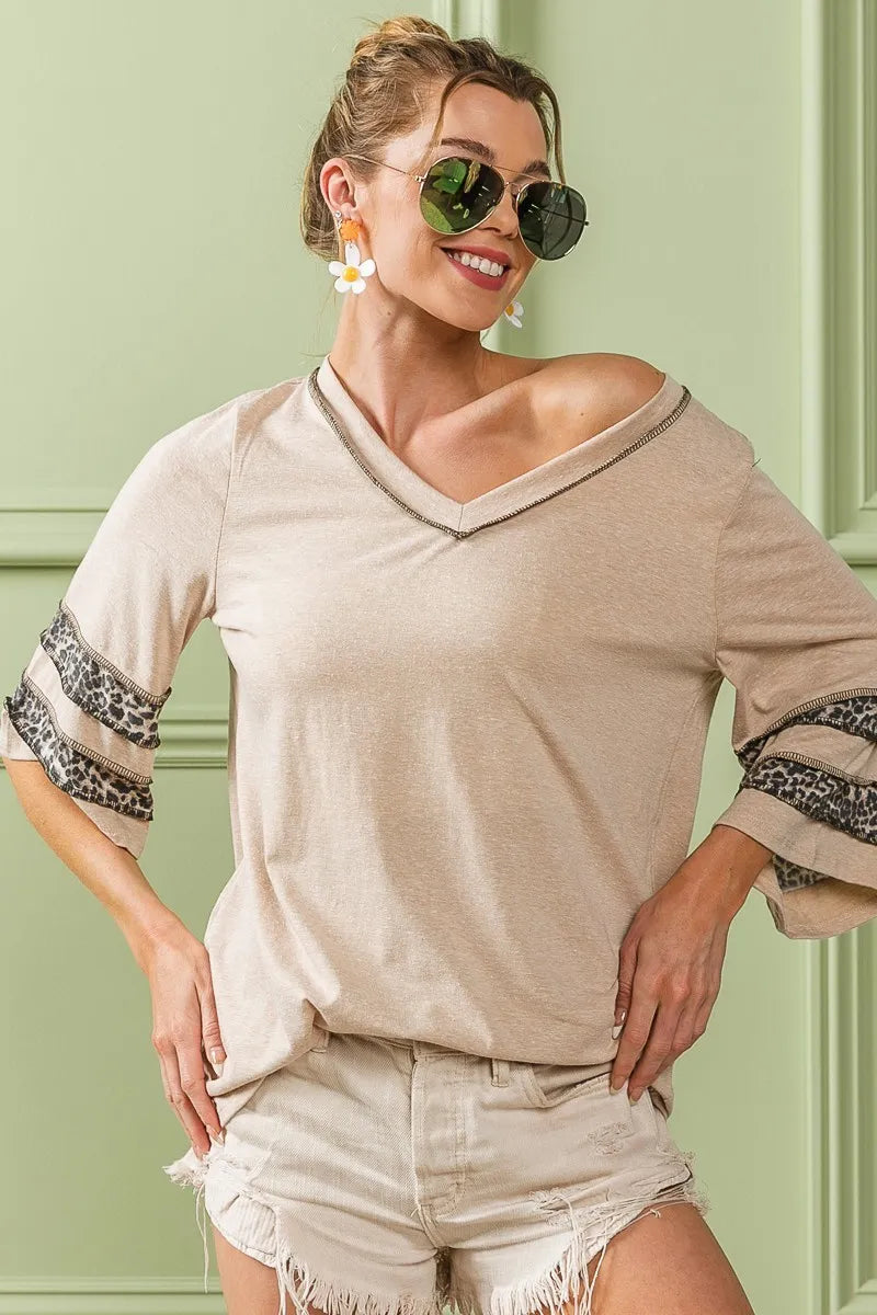 BiBi Triblend Knit Top with Leopard Band Detail - Sydney So Sweet