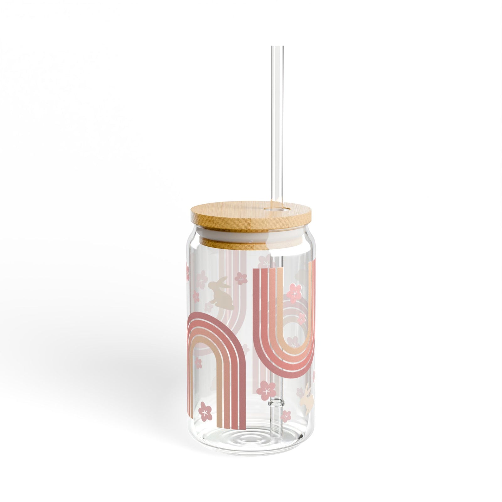 Retro Rainbow Bunny Tumbler Sipper Glass 16oz — Reusable Drink Jar with Lid & Straw