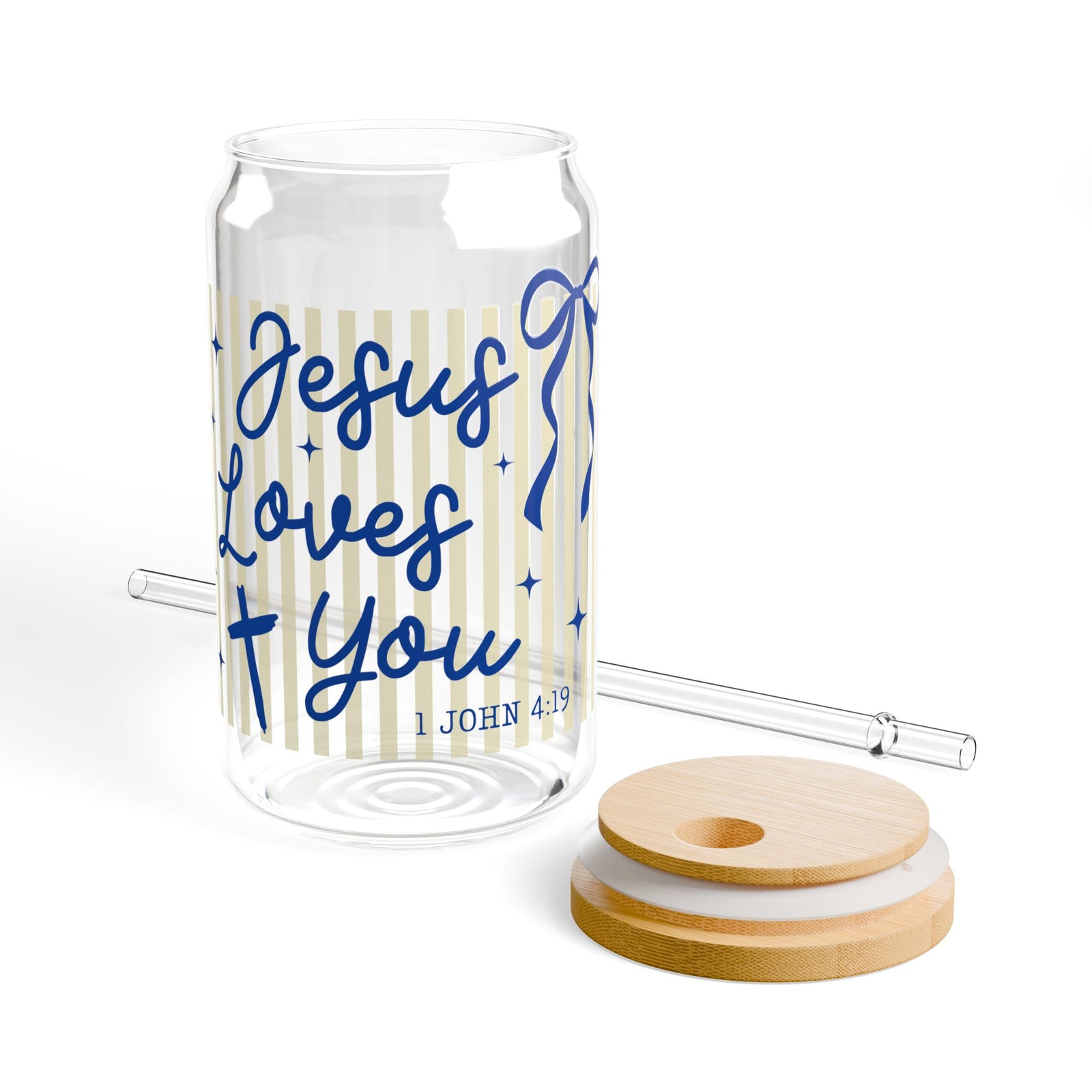 Jesus Loves You Sipper Glass Sipper Glass 16oz Reusable Drink Jar with Lid & Straw