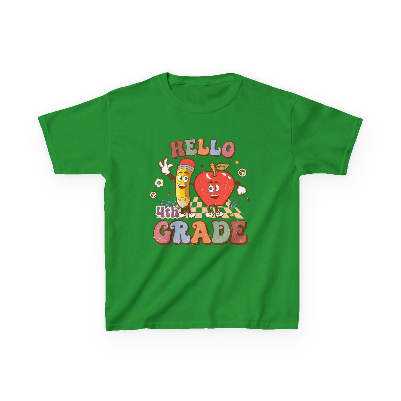Hello 4th Grade Cute Apple & Pencil Graphic Tee Back-to-School Fourth Grade Kids T-Shirt