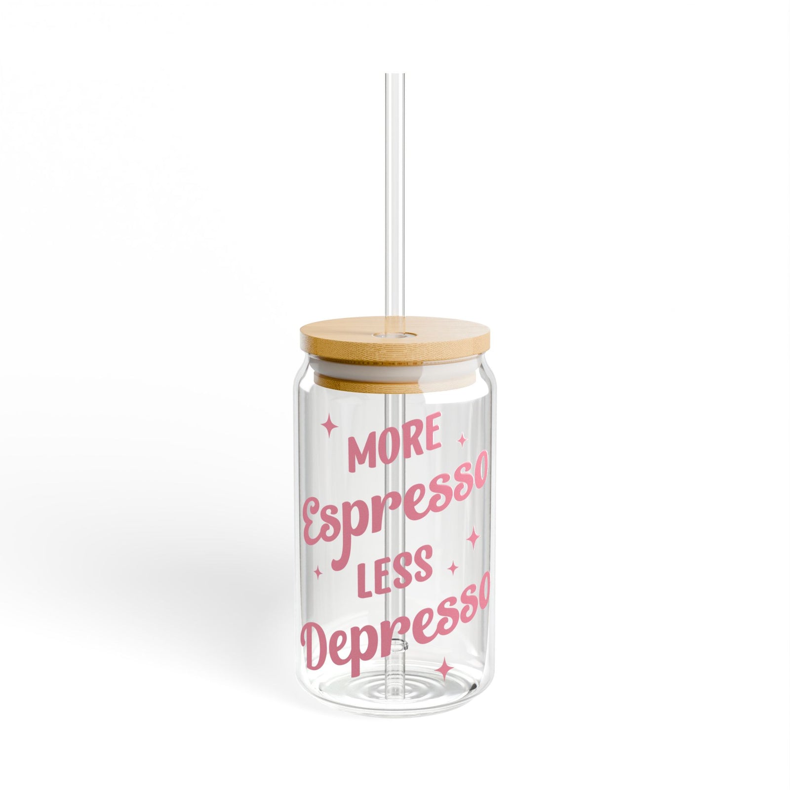 More Espresso Less Depresso Tumbler Sipper Glass 16oz — Reusable Drink Jar with Lid & Straw