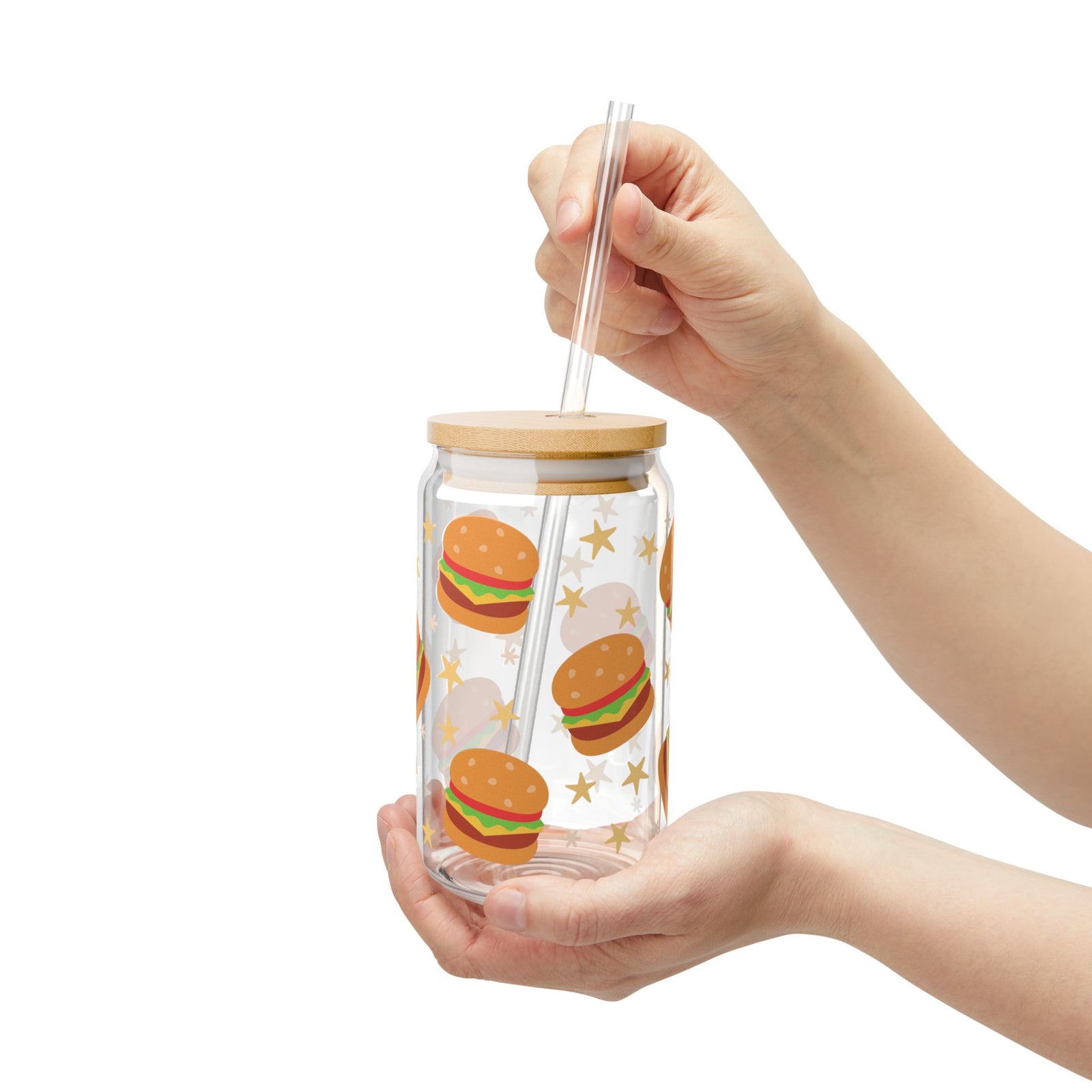 Burgers Tumbler Sipper Glass 16oz — Reusable Drink Jar with Lid & Straw
