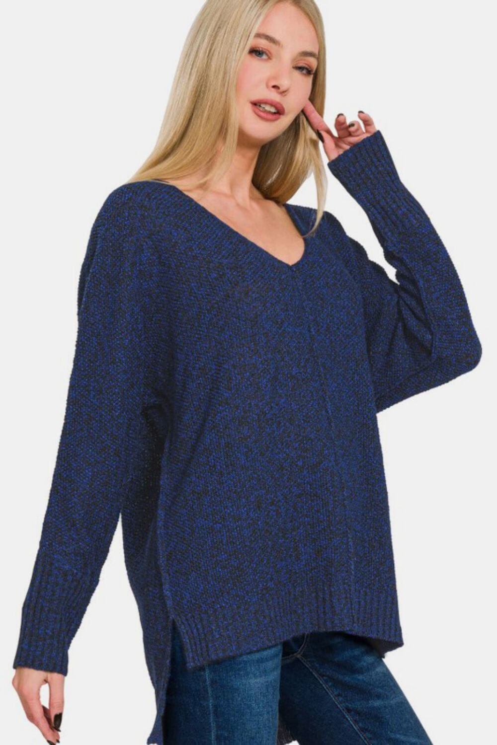 Zenana High-Low Center Seam V-Neck Sweater - Sydney So Sweet