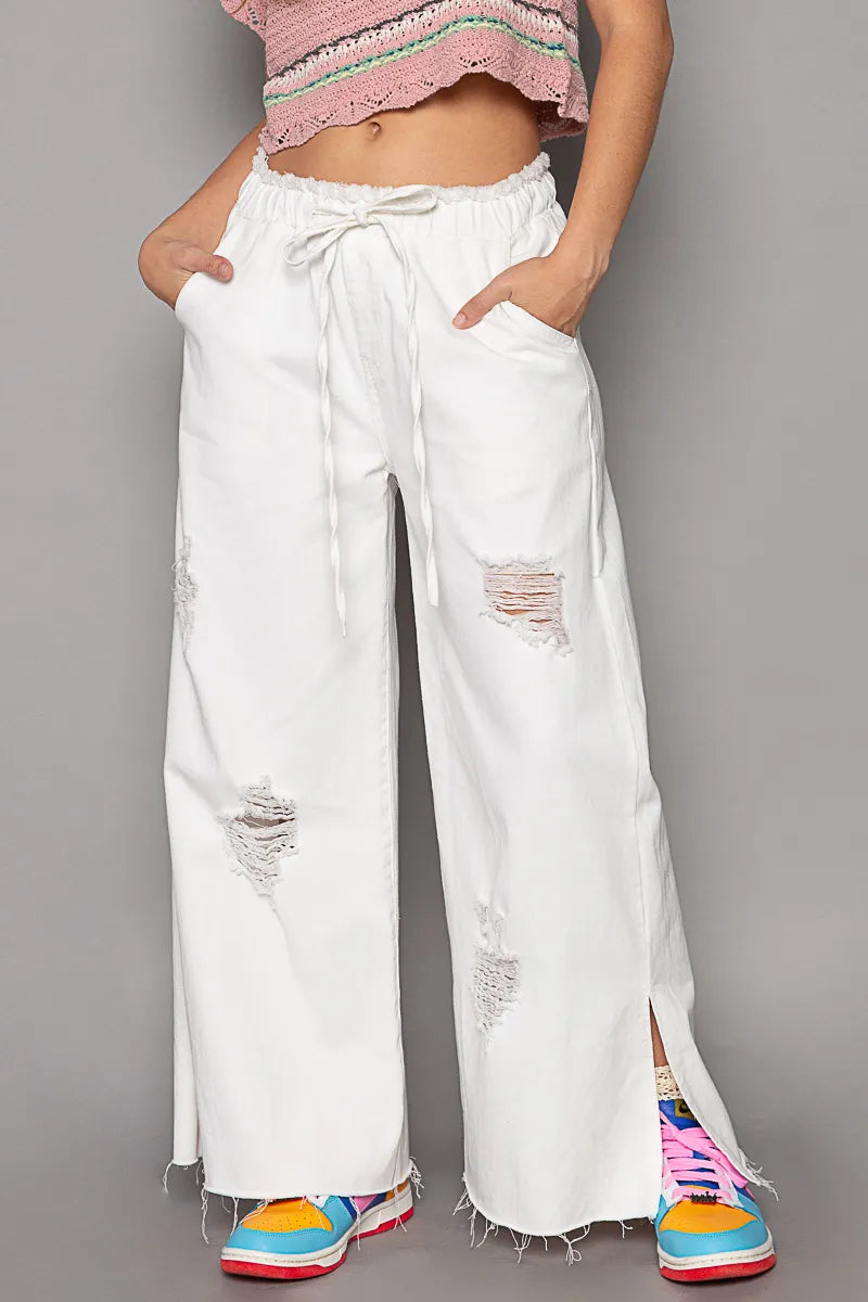 POL Distressed Drawstring Slit Wide leg Pants - Sydney So Sweet