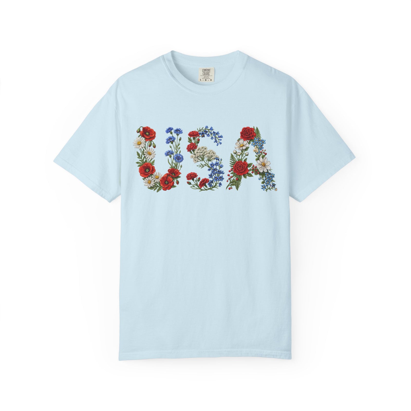 USA Floral Letters T-Shirt Botanical Lettering Patriotic Graphic Tee