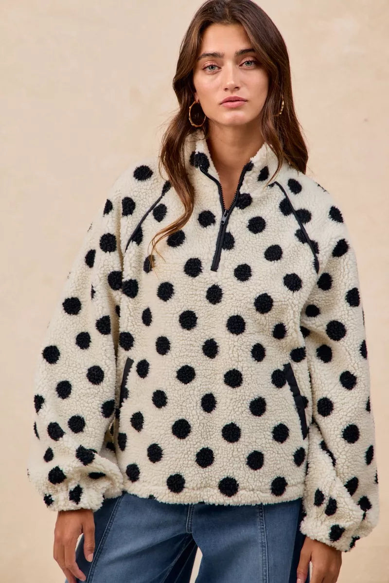 BiBi Polka Dot Sherpa Half Zip Up Top with Side Pocket - Sydney So Sweet