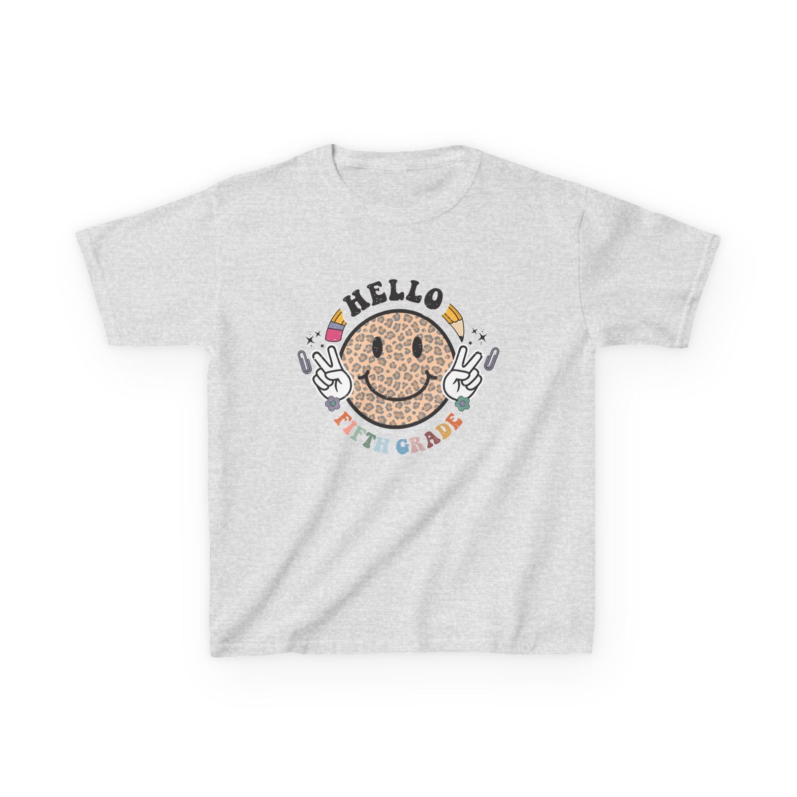Fifth Grade Cheetah Smiley Face Graphic Tee Back-to-School 5th Grade Kids T-Shirt